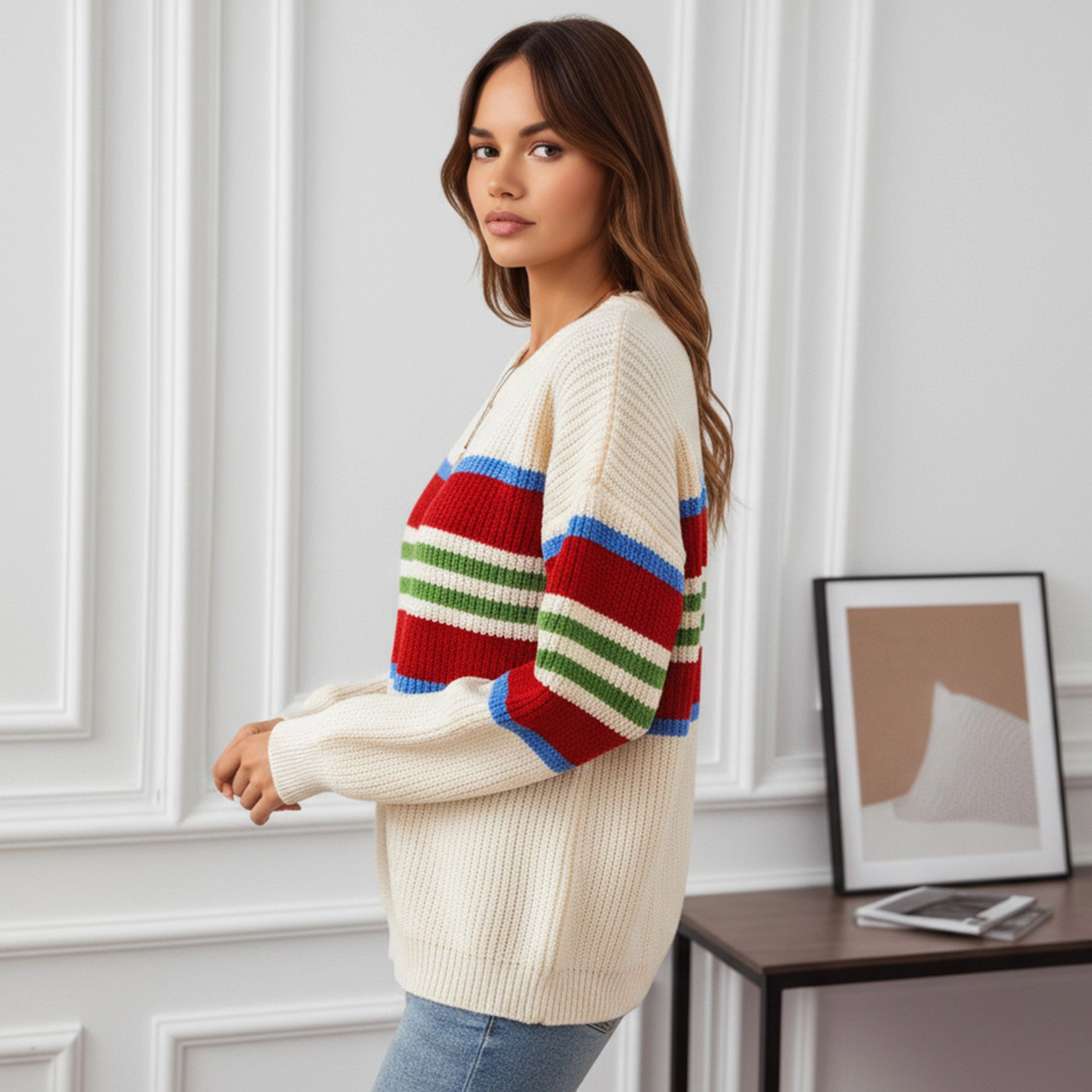 Anna-Kaci Women's Long Sleeve Striped Knit Sweater with Crew Neck and Relaxed Fit