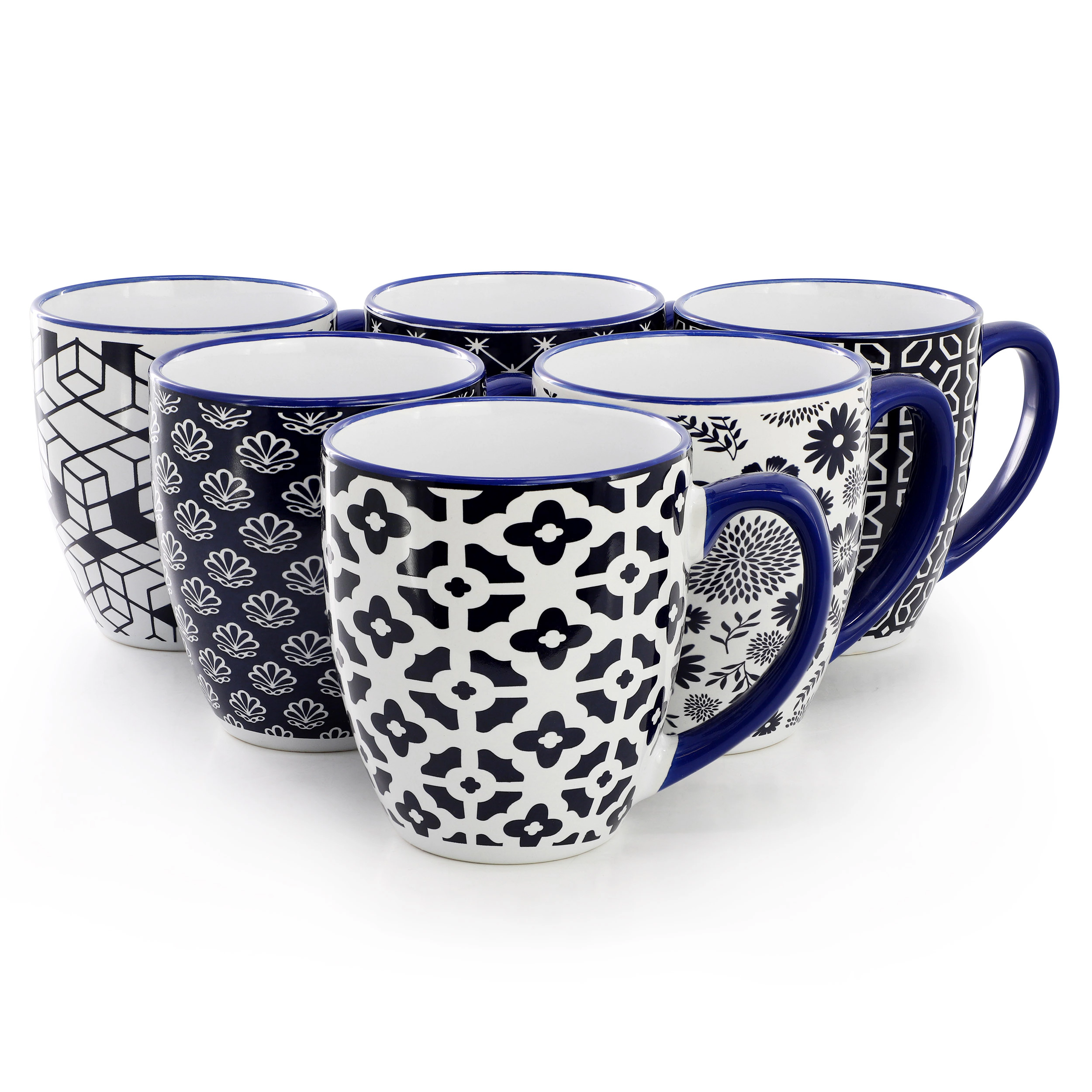 Elama Flyn 6 Piece 16 Ounce Assorted Design Stoneware Mug Set in Navy Blue and White
