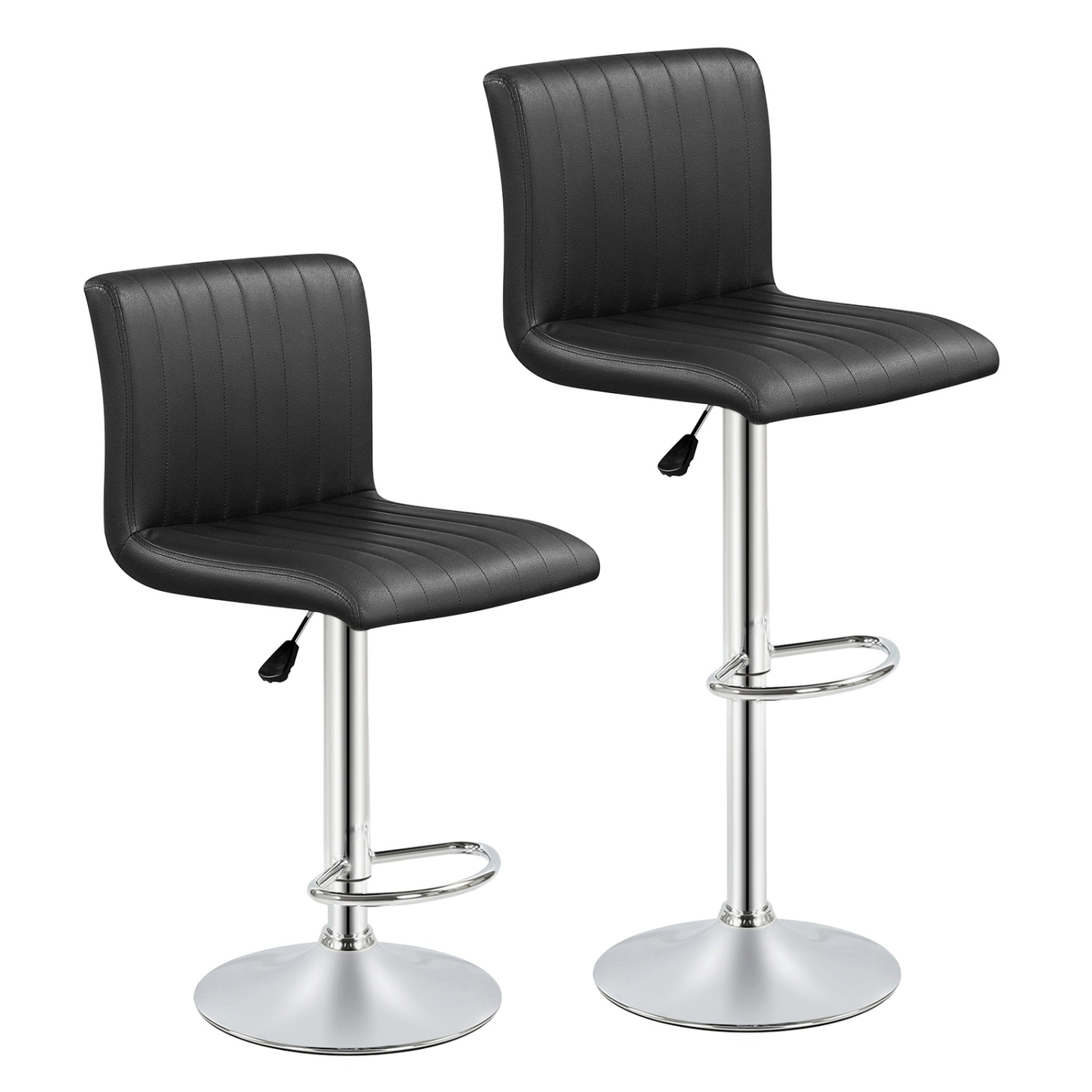 SUGIFT Set of 2 Black Adjustable Swivel Bar Stools, Faux Leather, Chrome Base
