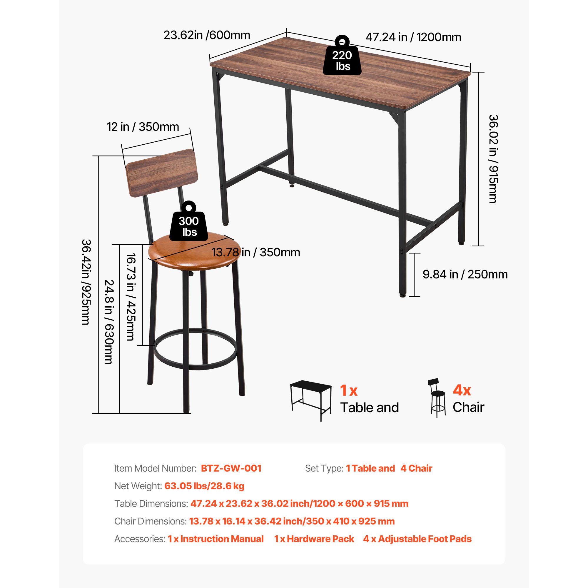 HONGGE Bar Tables with Rounded Edge Design for Living Room Dining Room Kitchen Black