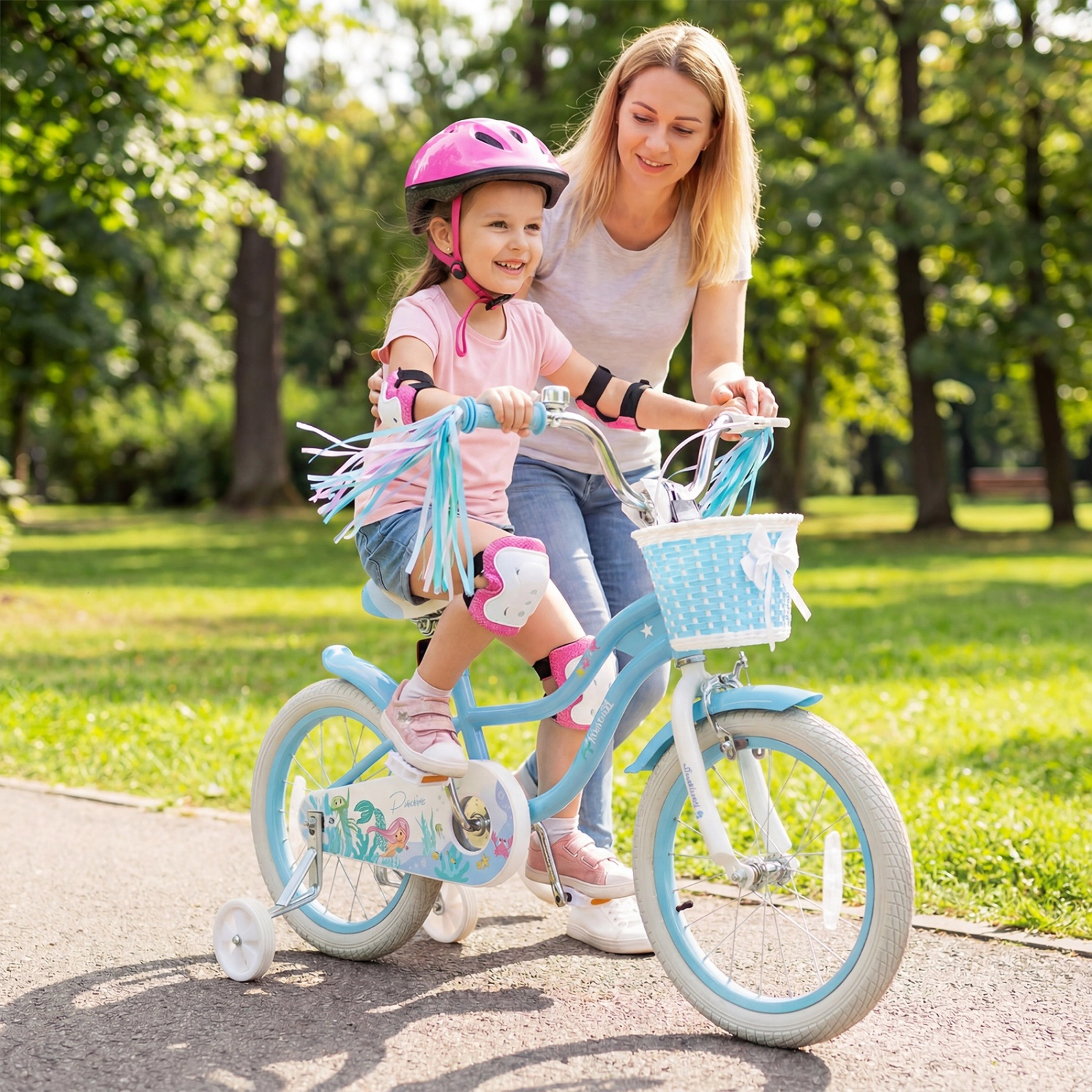 SUGIFT Adjustable 16-in Kids Bike with Basket and Streamers 110-lb Seat Capacity Ages 4-7 Blue Princess of the Sea Theme