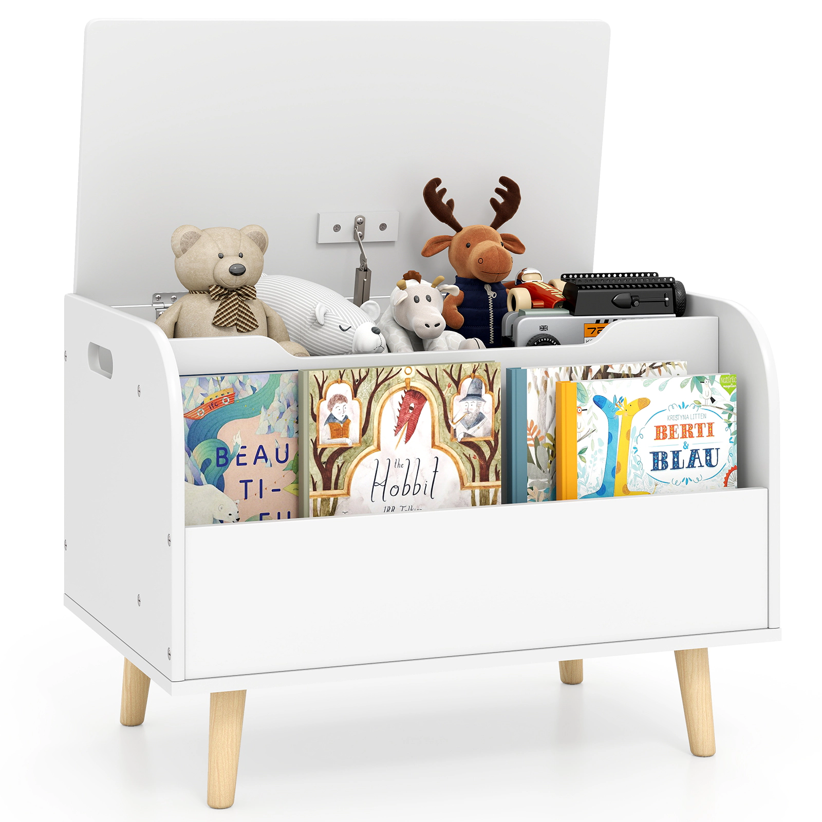 SUGIFT 23.5-in Kids Wooden Toy Box and Storage Chest with Front Bookshelf 4 Pine Wood Legs and Safety Hinge