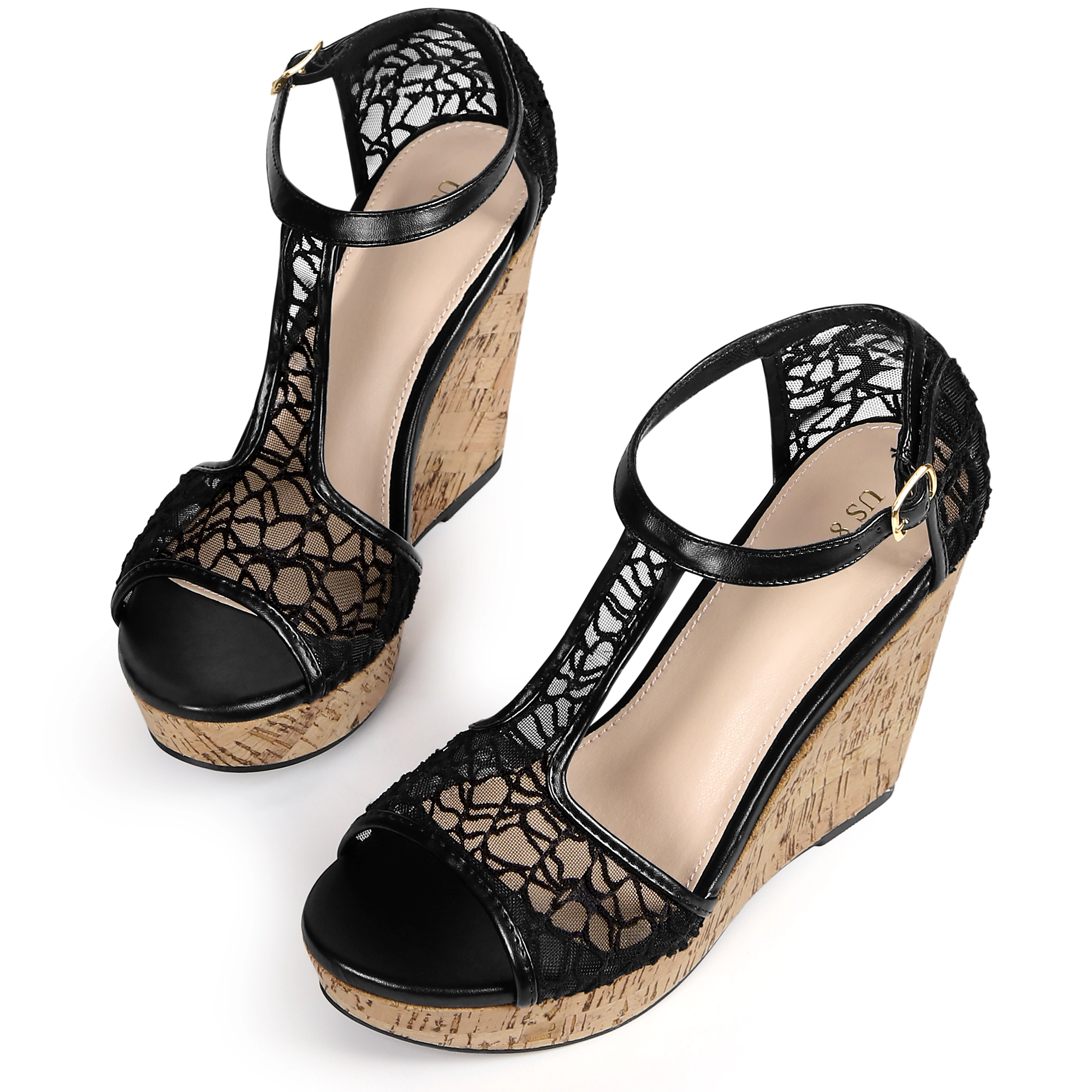 BLISSFUL STEP Women's Lace Open Toe T-Strap Platform Wedge Heel Sandals