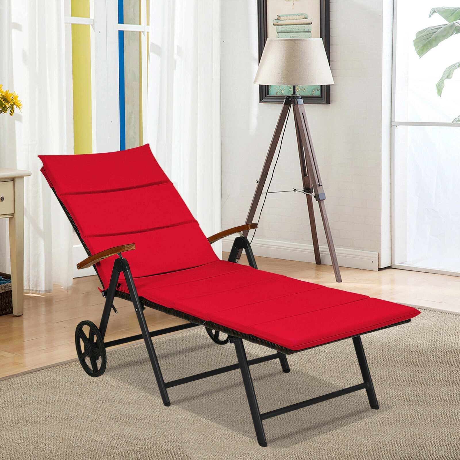 SUGIFT 10 in Wheels 7 Tilt Positions 385-lb Red Folding Patio Rattan Lounge Chair