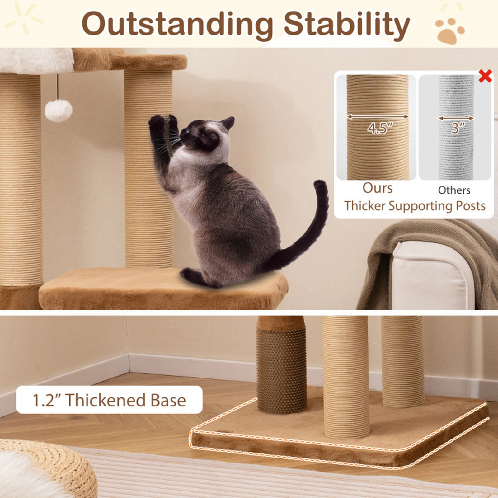 SUGIFT Caramel 44-in 33-lb Per Layer Cat Tree with 4.5-in Thick Posts Plush Perch and Dangling Ball