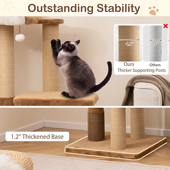 SUGIFT Caramel 44-in 33-lb Per Layer Cat Tree with 4.5-in Thick Posts Plush Perch and Dangling Ball