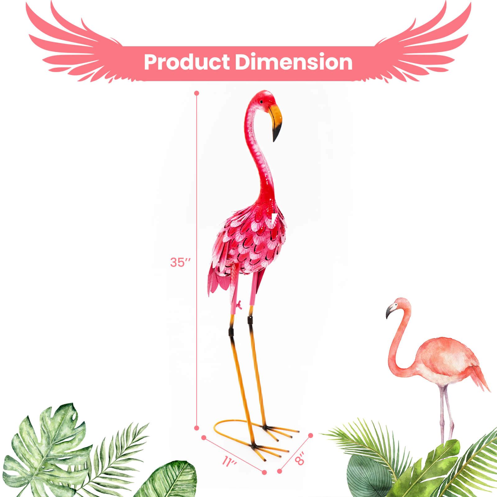 SUGIFT Set of 2 Pink Metal Flamingo Garden Statues with Gradient Feather Details 8-in W 11-in D 35-in H