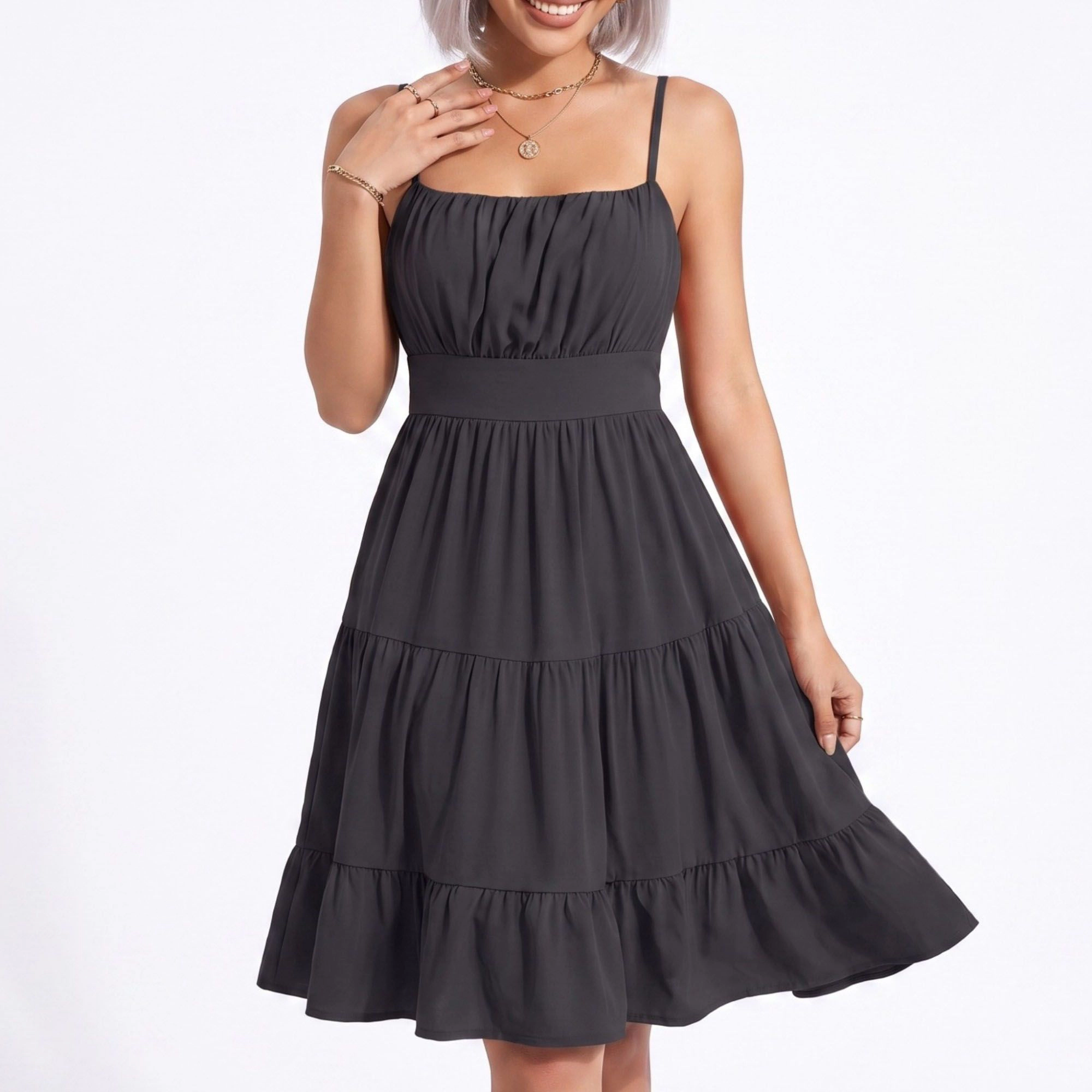 Anna-Kaci Women's Spaghetti Strap Square Neck Smocked Back Tiered Dress