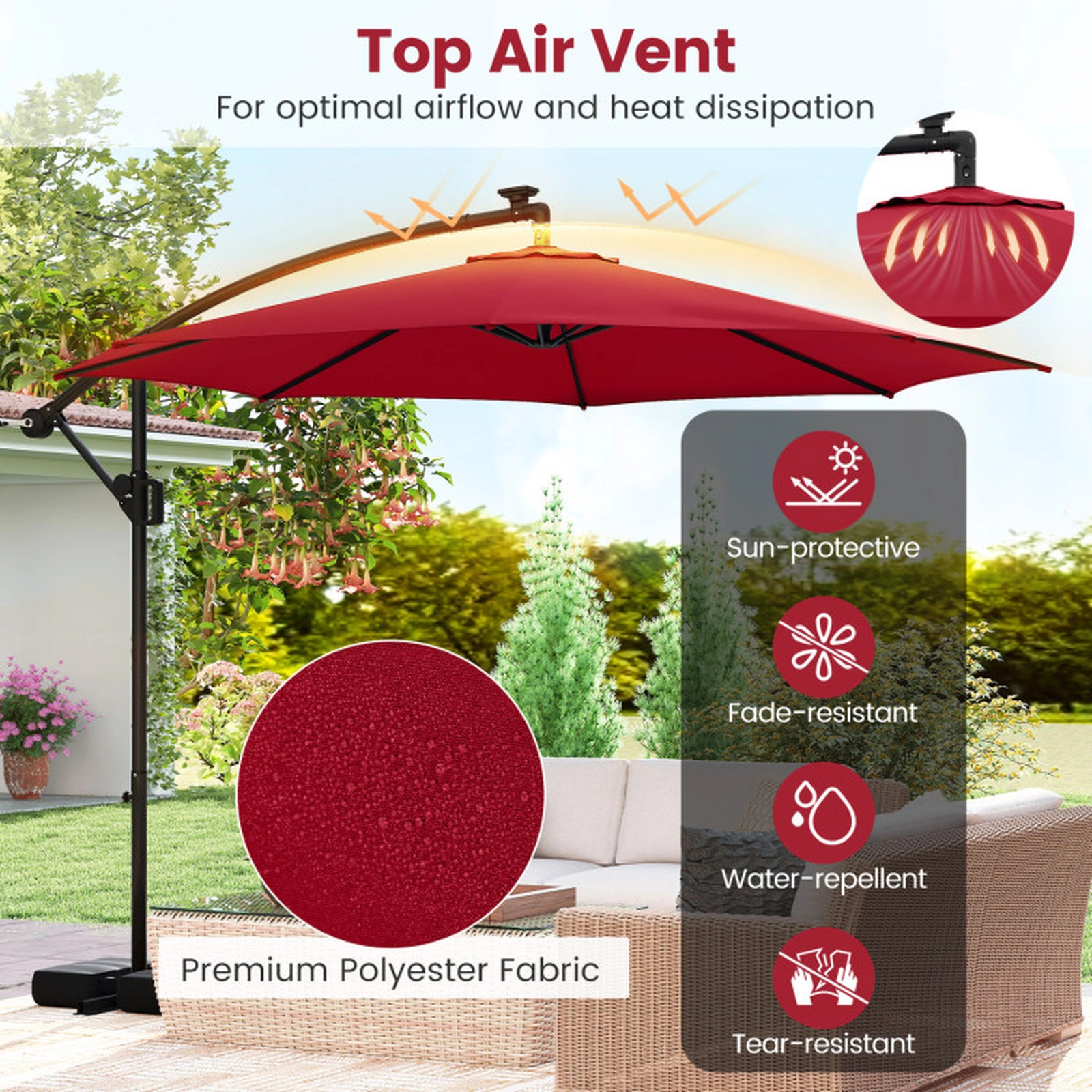 SUGIFT Solar Offset Hanging Patio Umbrella with Base and 96 LED Lights 10-ft x 8.5-ft Canopy Multi-Color