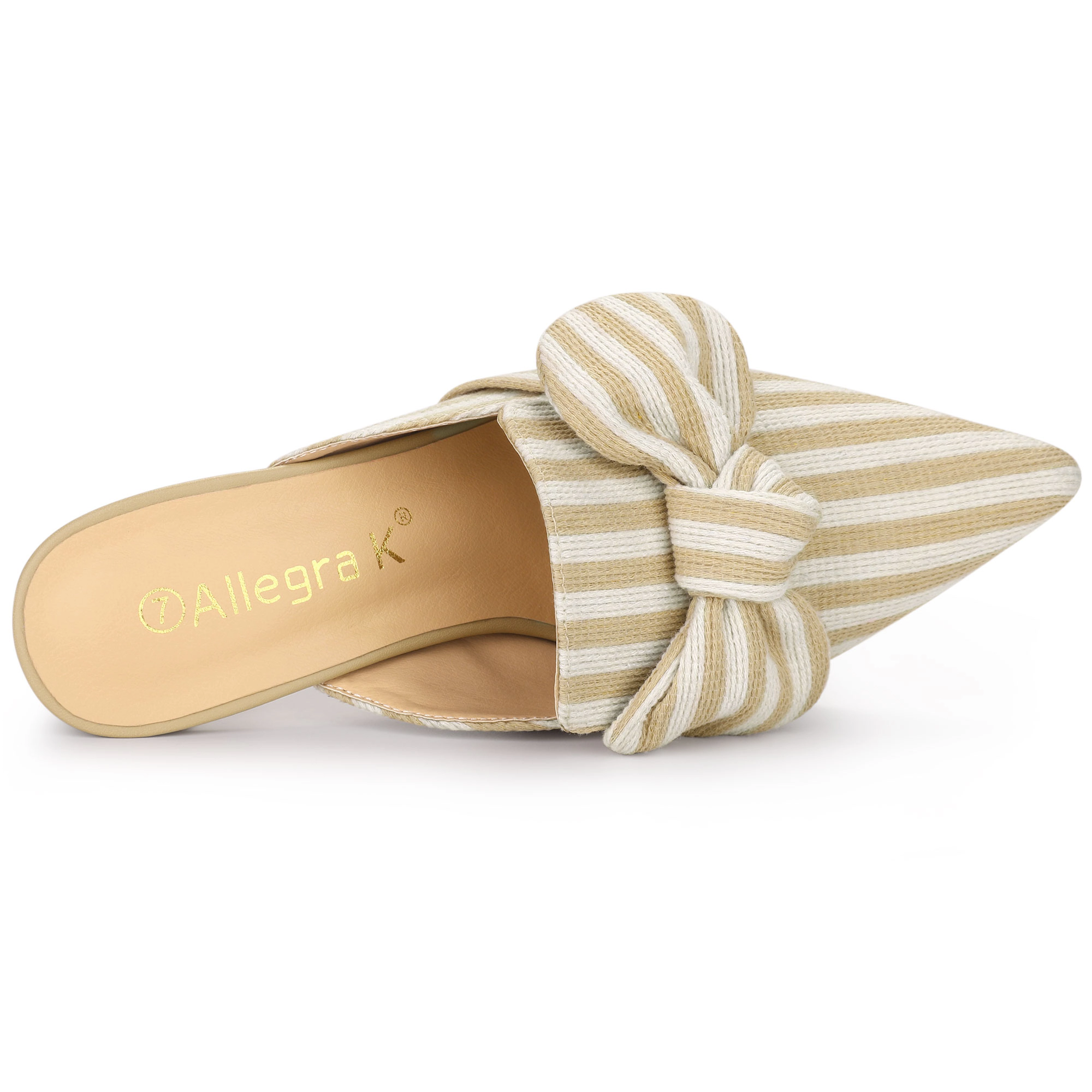 BLISSFUL STEP Women's Stripe Bow Pointed Toe Chunky Heel Slip On Mules