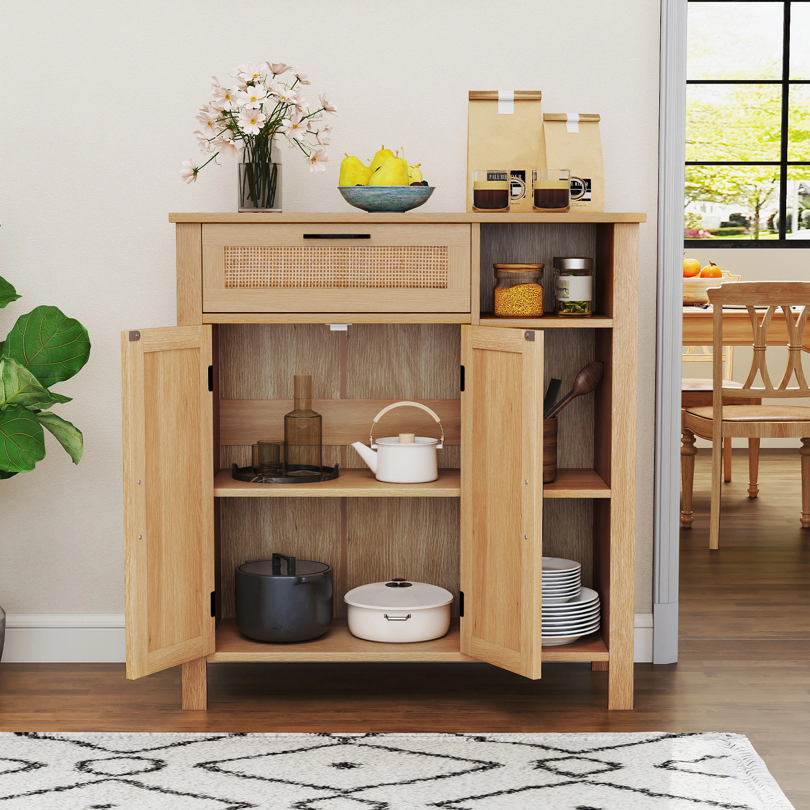 LJG Boho Buffet Sideboard Storage Cabinet with Drawer and Rattan Woven Doors