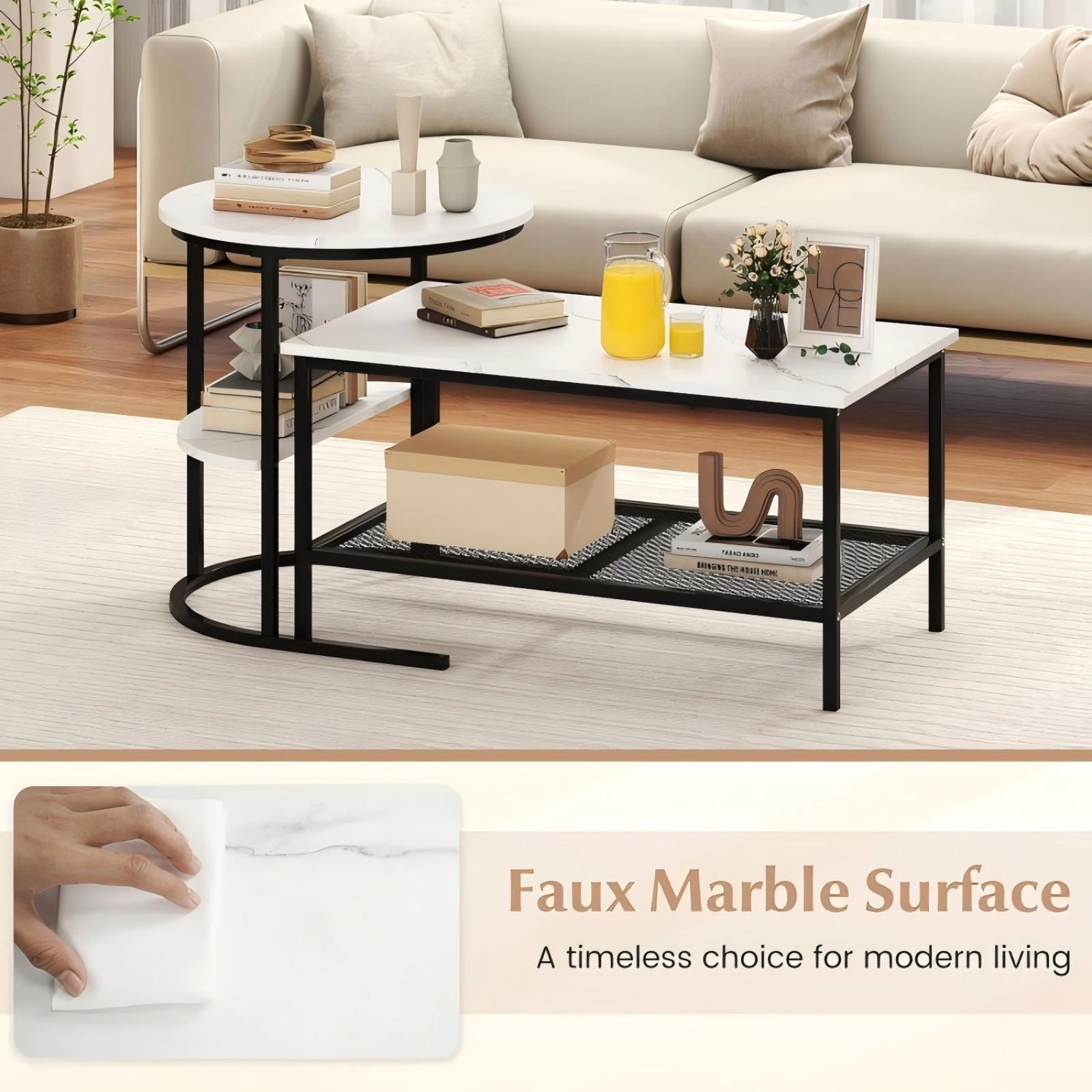 SUGIFT 2-Piece Coffee and Side Table Set, White and Black, Mesh Shelves, 100 lb Tabletop Capacity