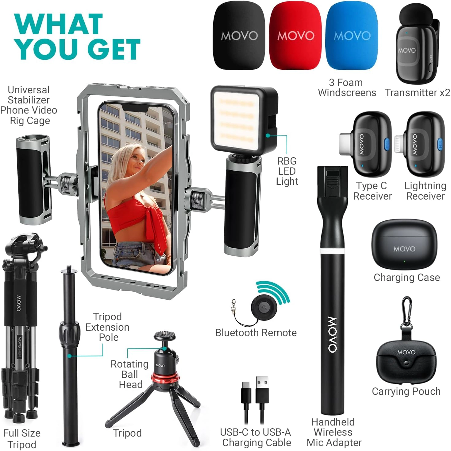 Movo iFilmer PRO Smartphone Rig with Dual Grip Cage Wireless Lavalier Mics and Full Size Tripod for iPhone and Android