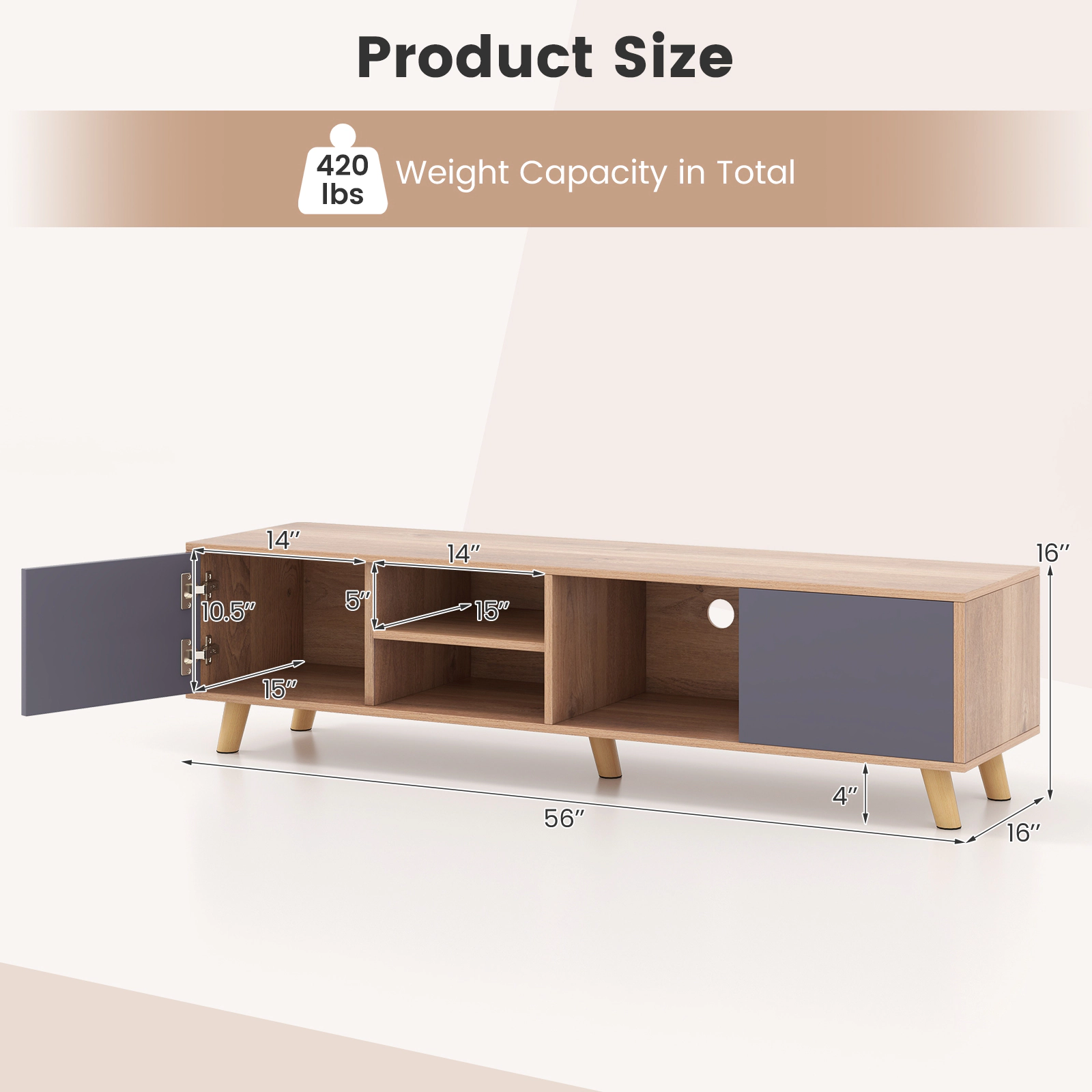 SUGIFT 56 in TV Stand Natural and Gray Cabinet for TVs up to 65 in with Open Shelf