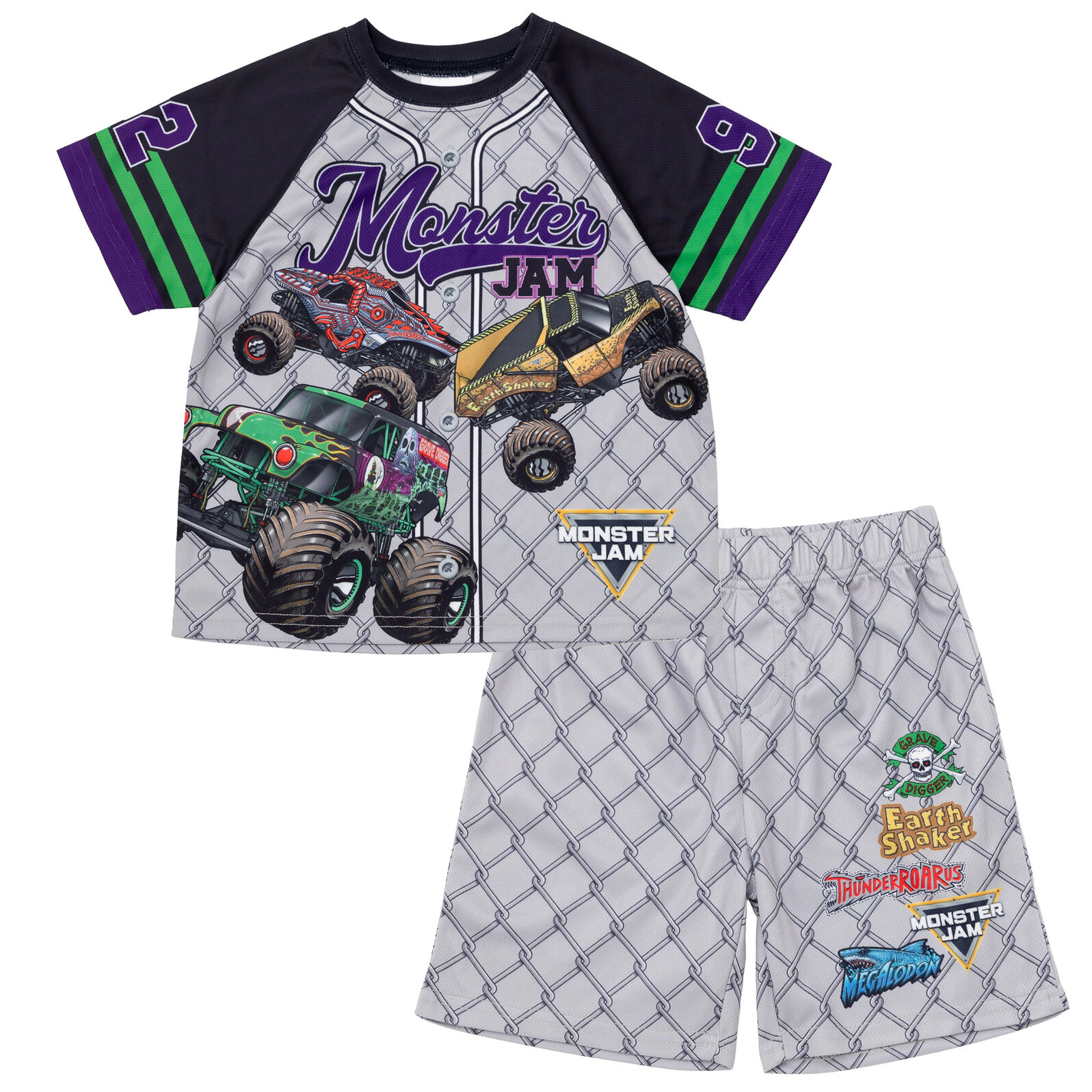 Monster Jam Boys' Athletic 2-Piece Baseball Jersey and Shorts Set