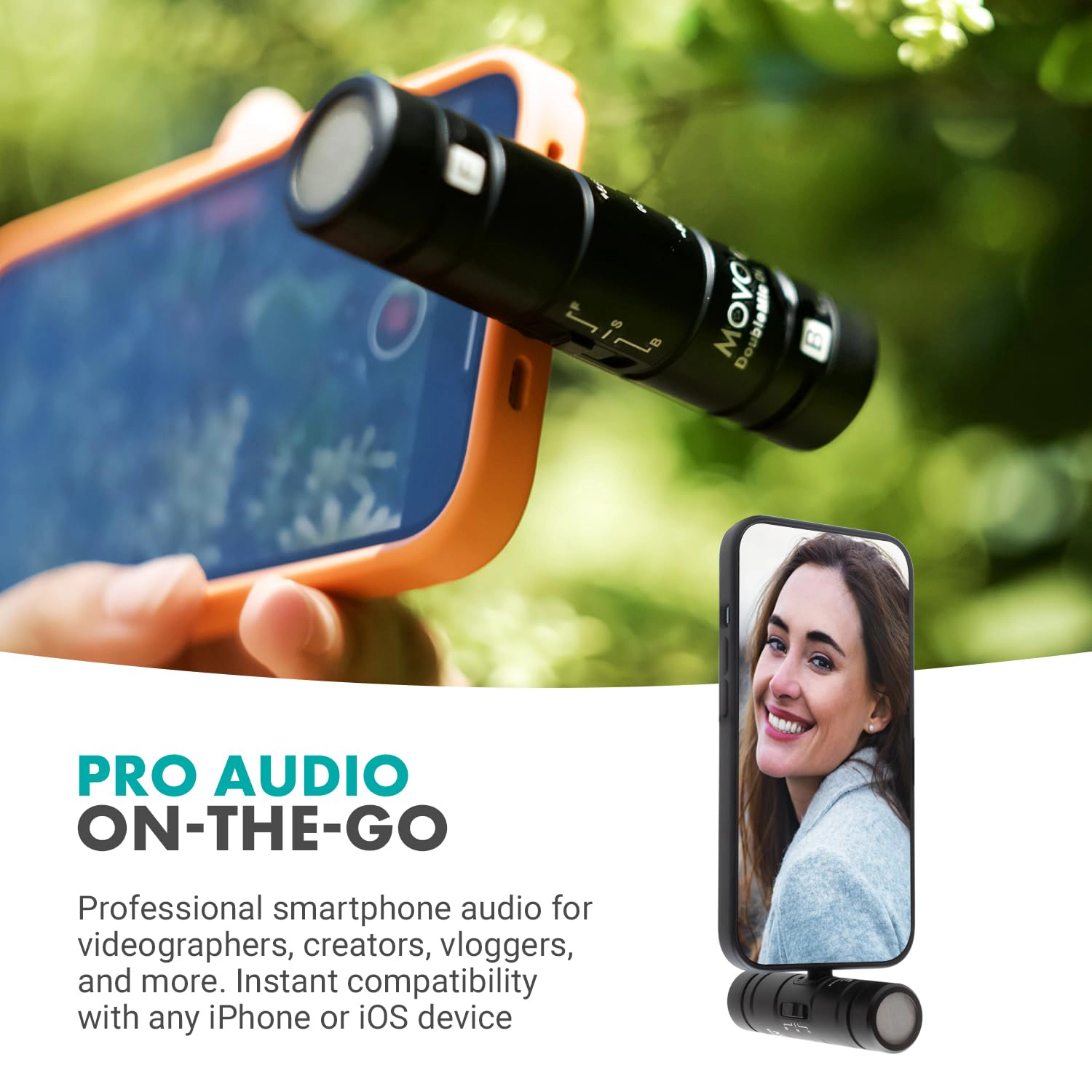 Movo DoubleMic-DI Dual Capsule Microphone for iPhone- Two-Sided Cardioid Condenser Mic for Video Recording