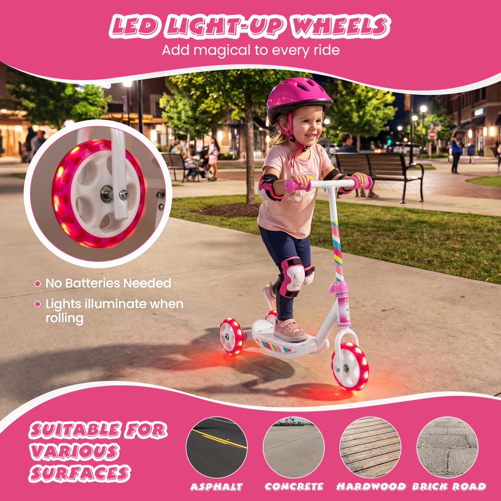 SUGIFT Toddler Pink 3-Wheel Kick Scooter with LED Light-Up Wheels 22-in W 12.5-in D 23-in H 44-lb Rider Capacity