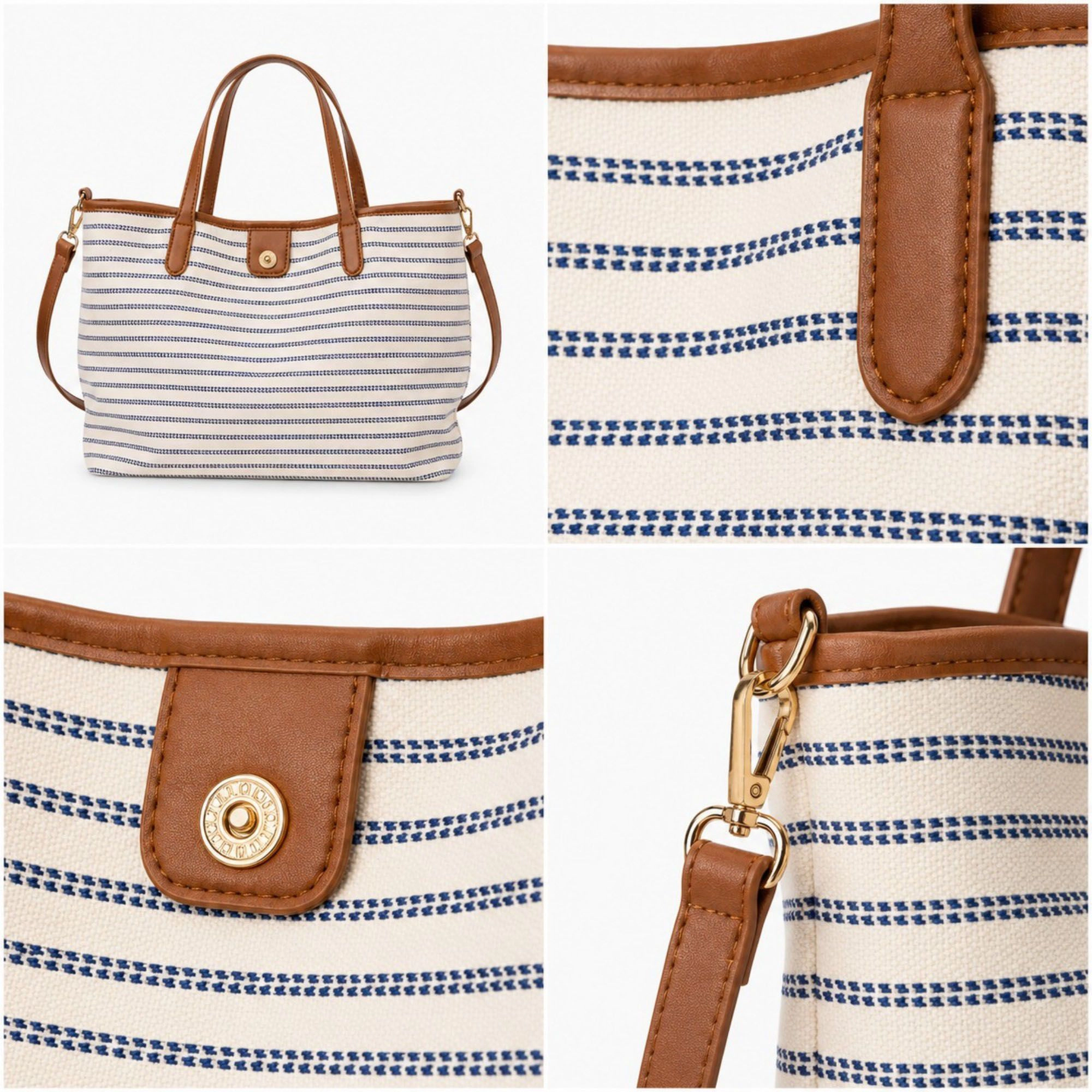 Alilang Women's Striped Canvas Tote Bag with Faux Leather Trim and Large Capacity
