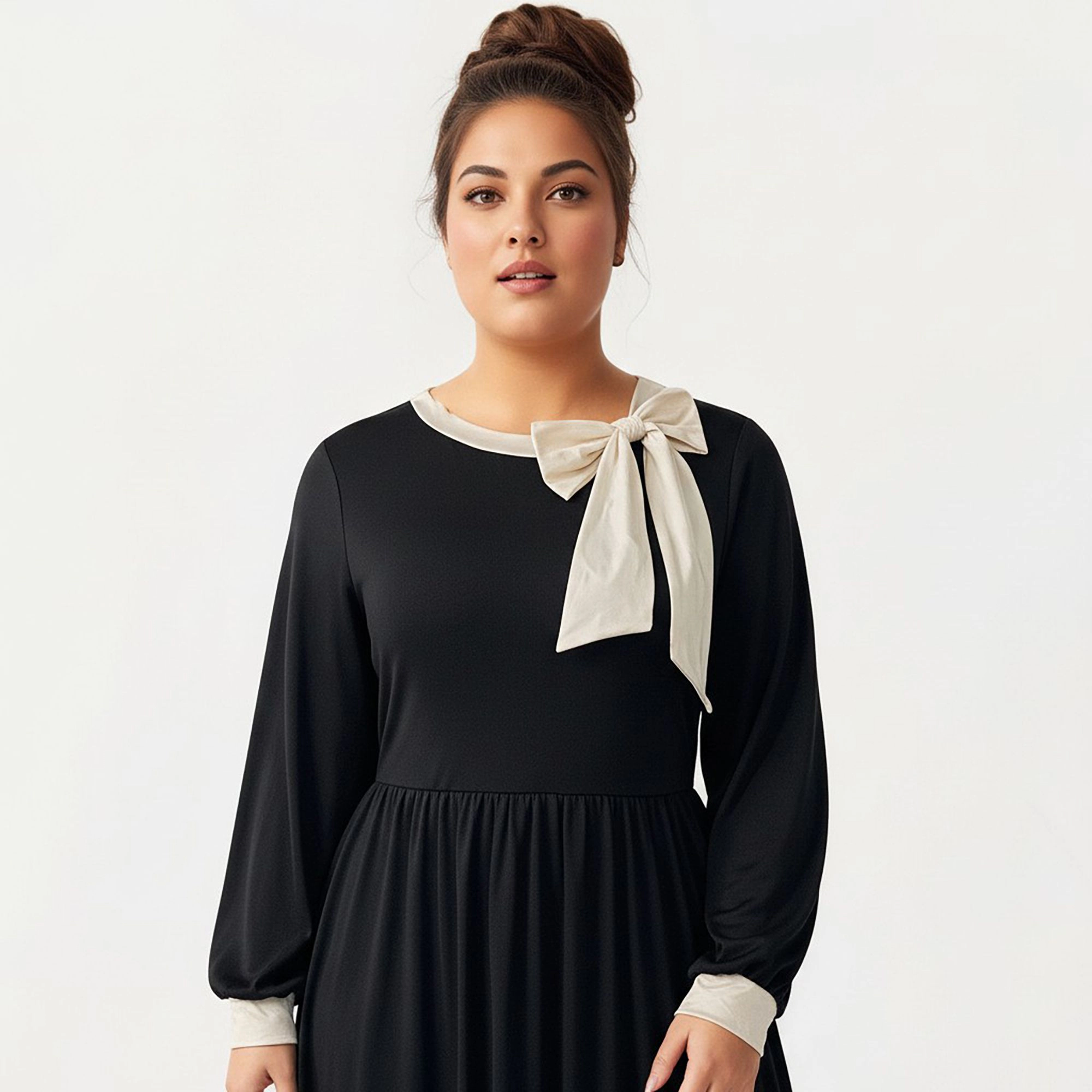 Anna-Kaci Women's Plus Long Sleeve Bow Neck Detail Gathered Waist Flowy Skirt Midi Dress