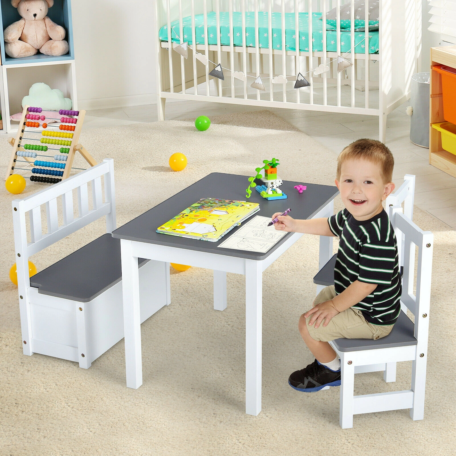 4-Piece Kids Table and Chairs Set Wooden Toddler Activity Table with 2 Backrest Chairs and Lidded Storage Bench Gray