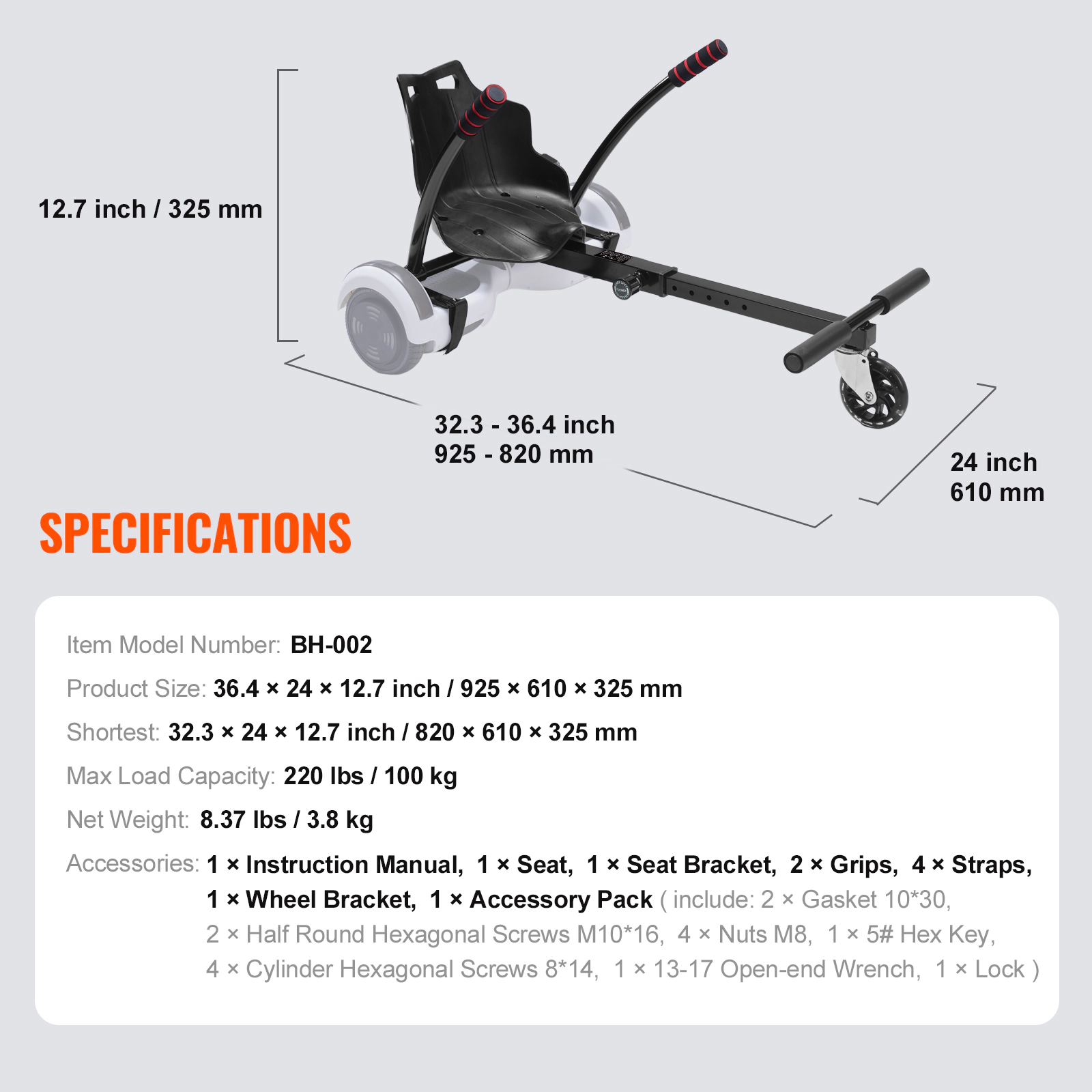 HONGGE Hoverboard Seat Attachment with LED Lights, Adjustable Frame Length, Fits 6.5" 8" 8.5" 10" Hoverboards