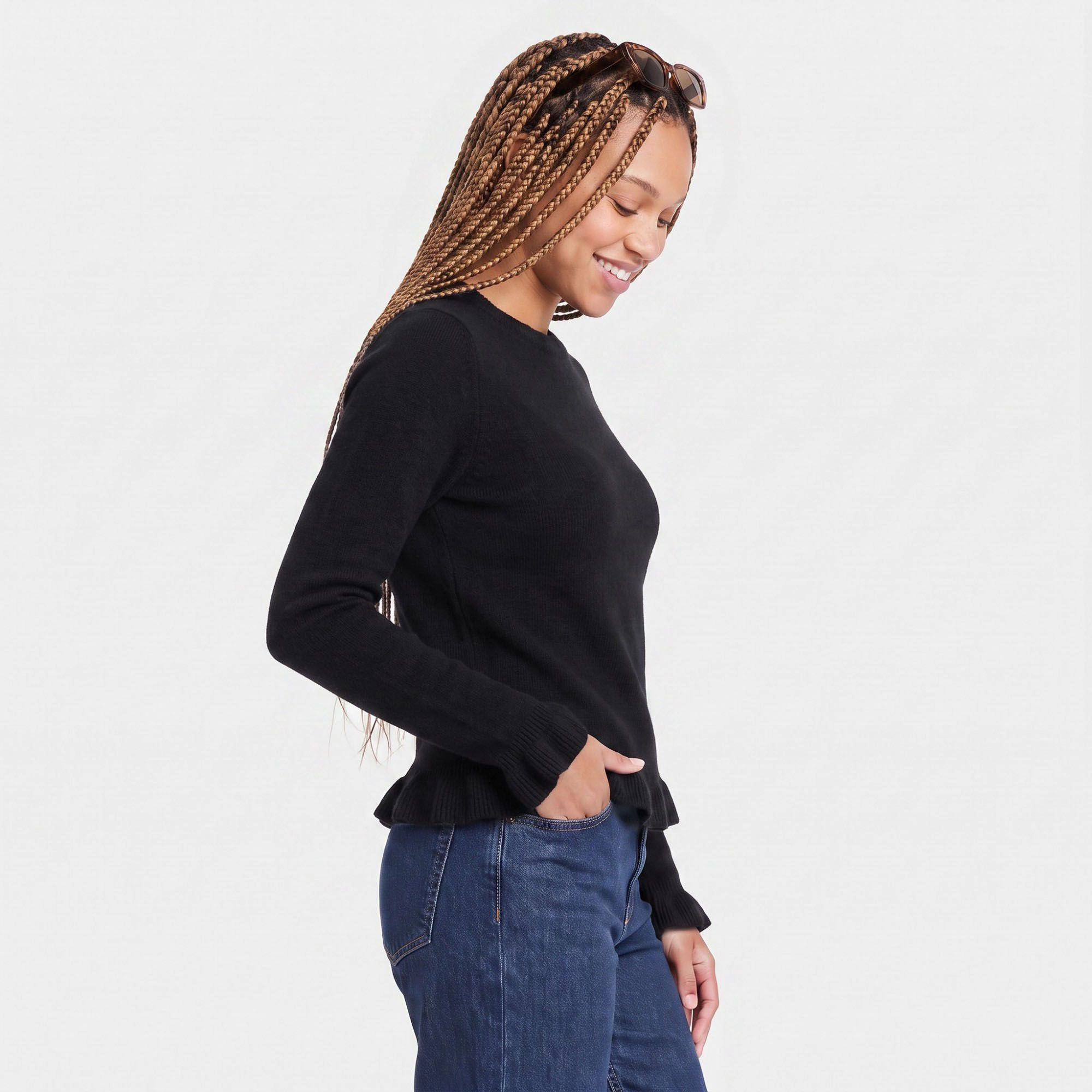 Anna-Kaci Women's Ruffle Hem Crew Neck Long Sleeve Knit Sweater