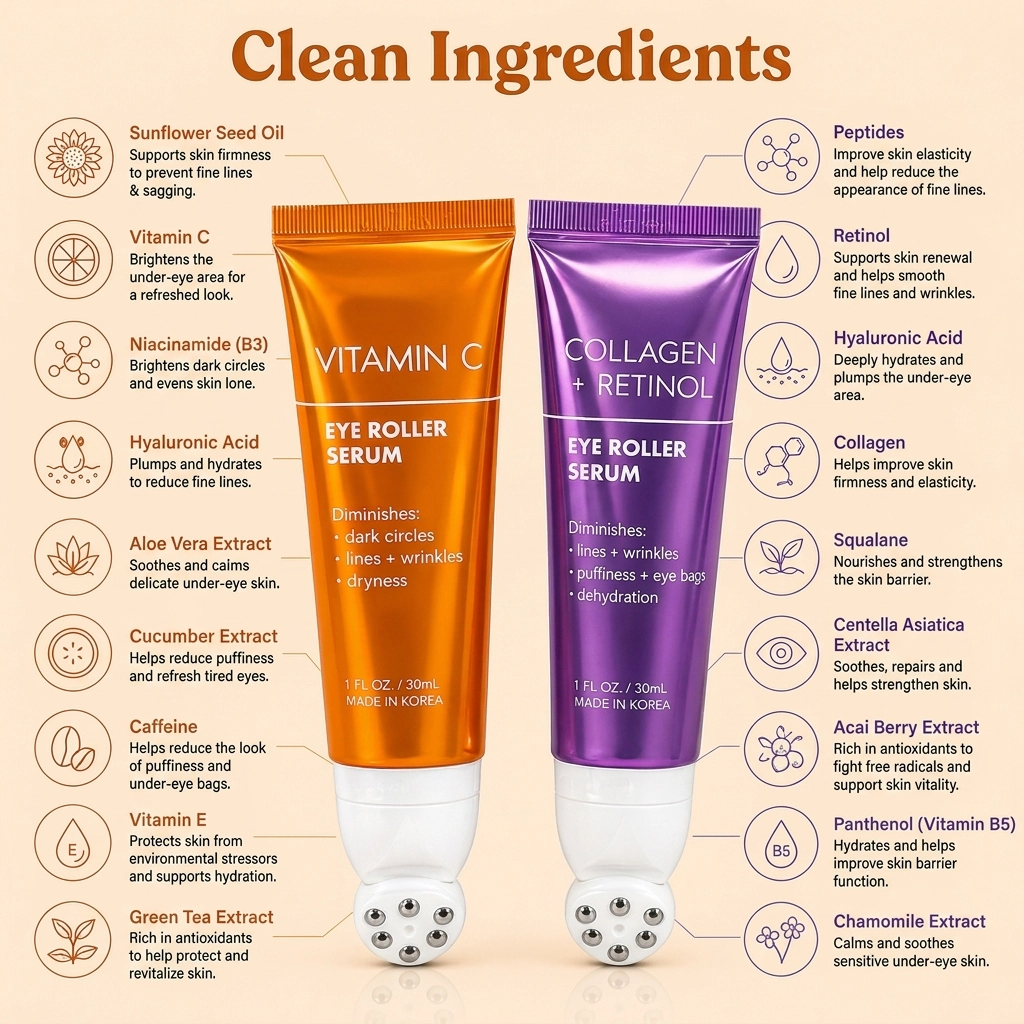Lovery Korean Skincare Eye Roller Serum Duo - Collagen + Retinol & Vitamin C Brightening  Under Eye Treatment Set