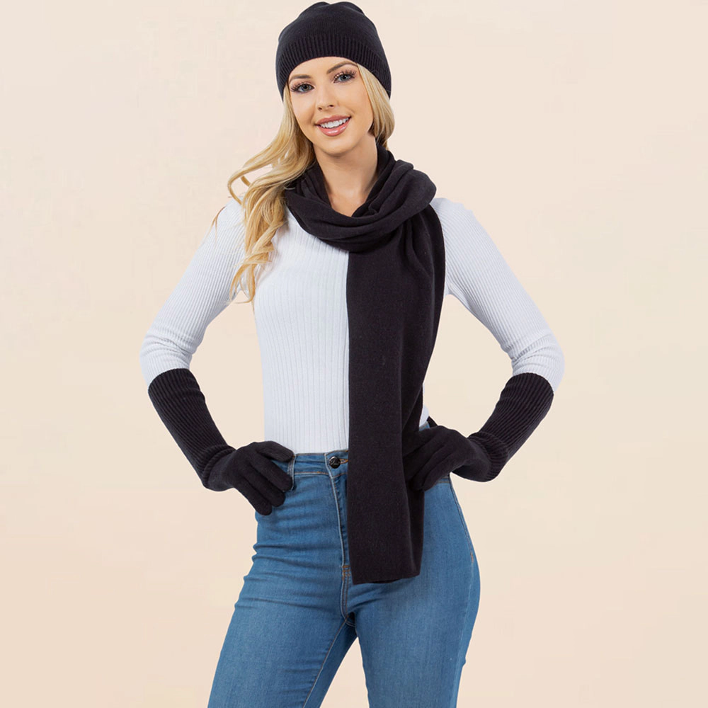 TRUEDAMES 3PCS - Solid Winter Beanie Hat Scarf Gloves Set Black