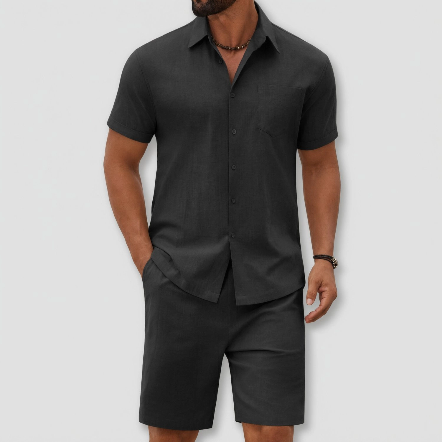 COOFANDY Mens  Short Sleeve Button Down Shirt Lapel Collar Casual Shorts Set