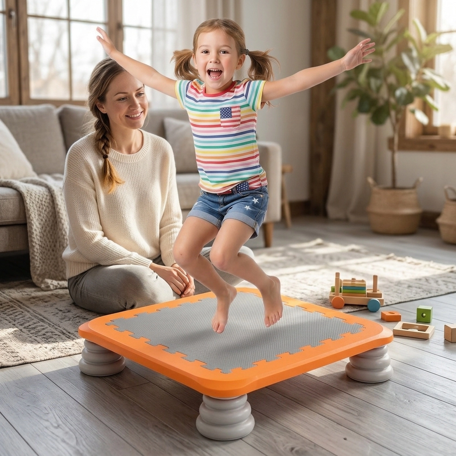 25.5-in Kids Mini Trampoline 4 Removable Non-Slip Foot Pads 5-in Low Profile Honeycomb Base EVA Surface Orange