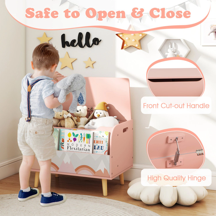 Hivvago Kids Wooden Toy Box with Front Bookshelf and 4 Solid Wood Legs for Playroom