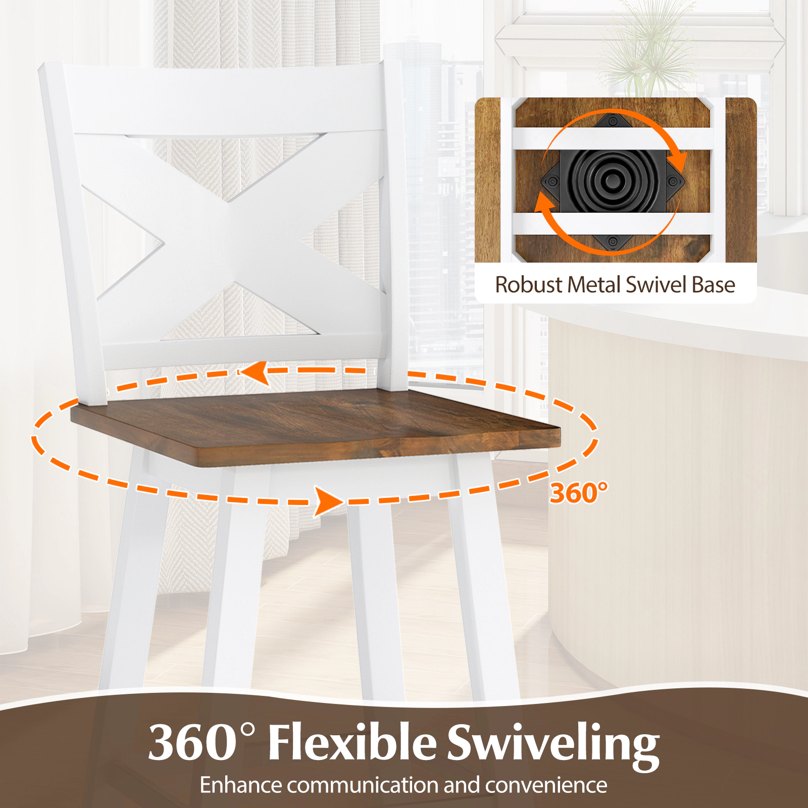 SUGIFT Rubberwood Swivel Bar Stools with Backrest & Large Seat 350-lb Capacity 29-in Seat Height White + Walnut Set of 2
