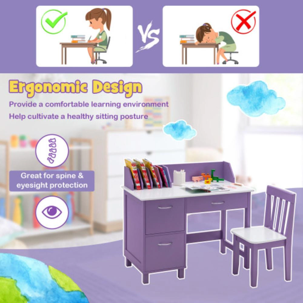 Hivvago Kids Wooden Writing Furniture Set With Drawer And Storage Cabinet