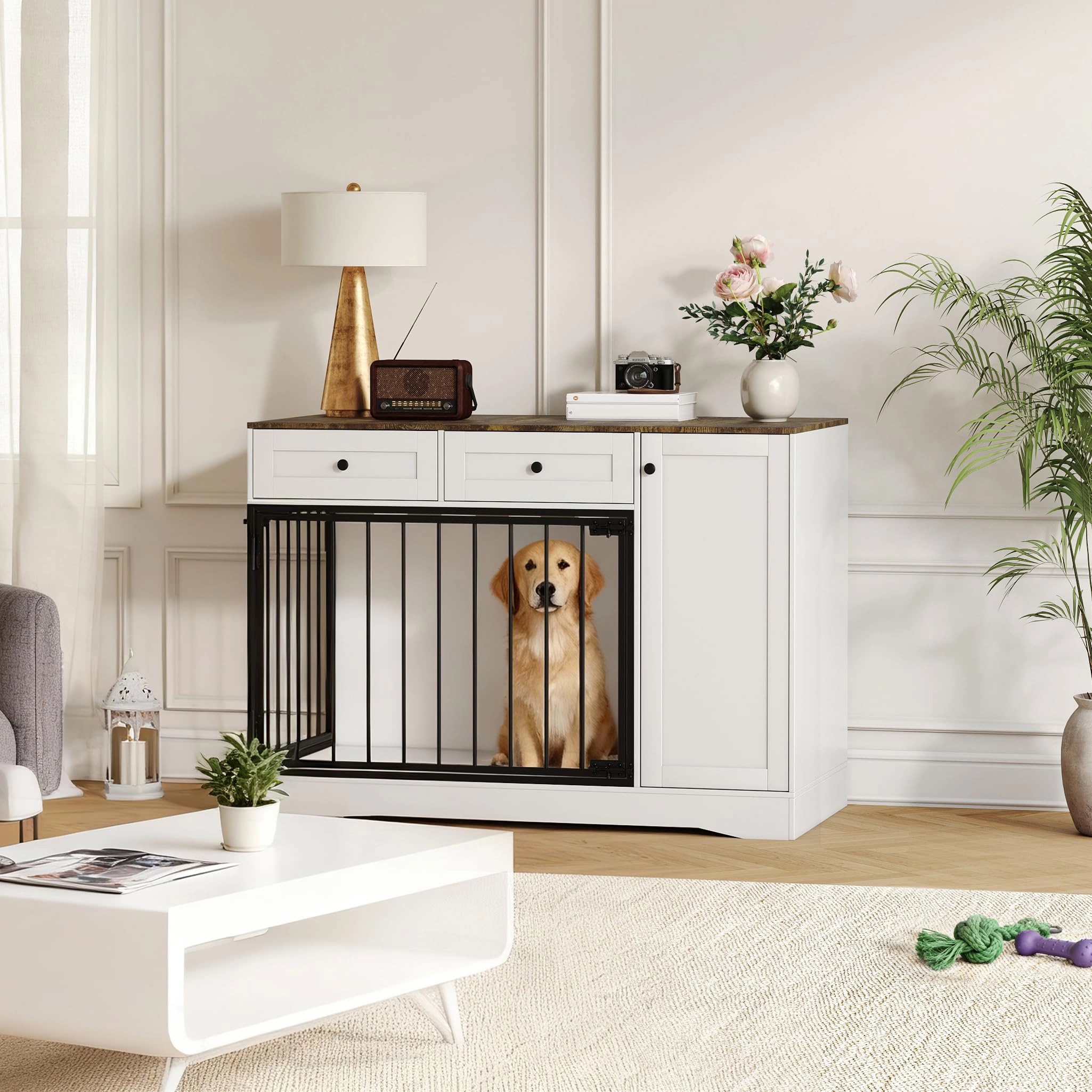 47" Farmhouse Dog Crate Furniture End Table with Double Doors, 2 Drawers & Cabinet, Chew-Resistant Kennel for Small Dogs