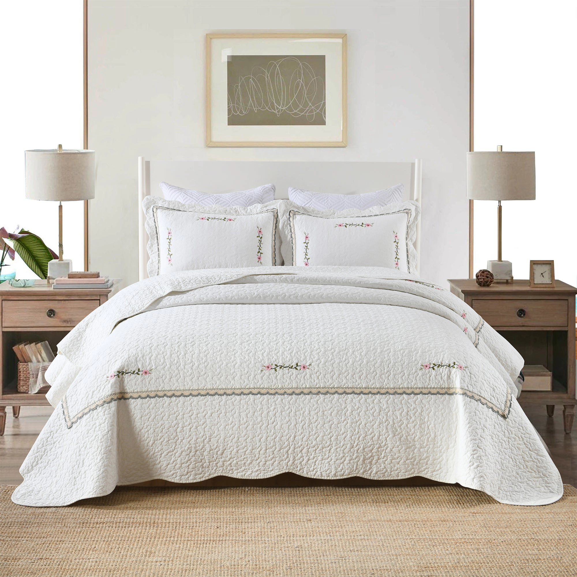 MarCielo 3 Piece 100% Cotton Quilt Set, Oversized Lightweight Embroidered Bedspread Set