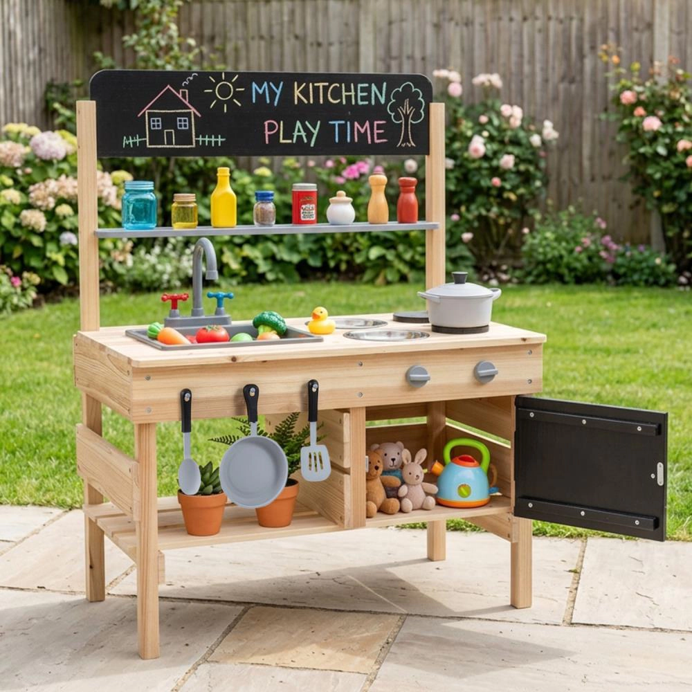 Hivvago Outdoor Wooden Mud Kitchen for Kids with Sink and Stoves