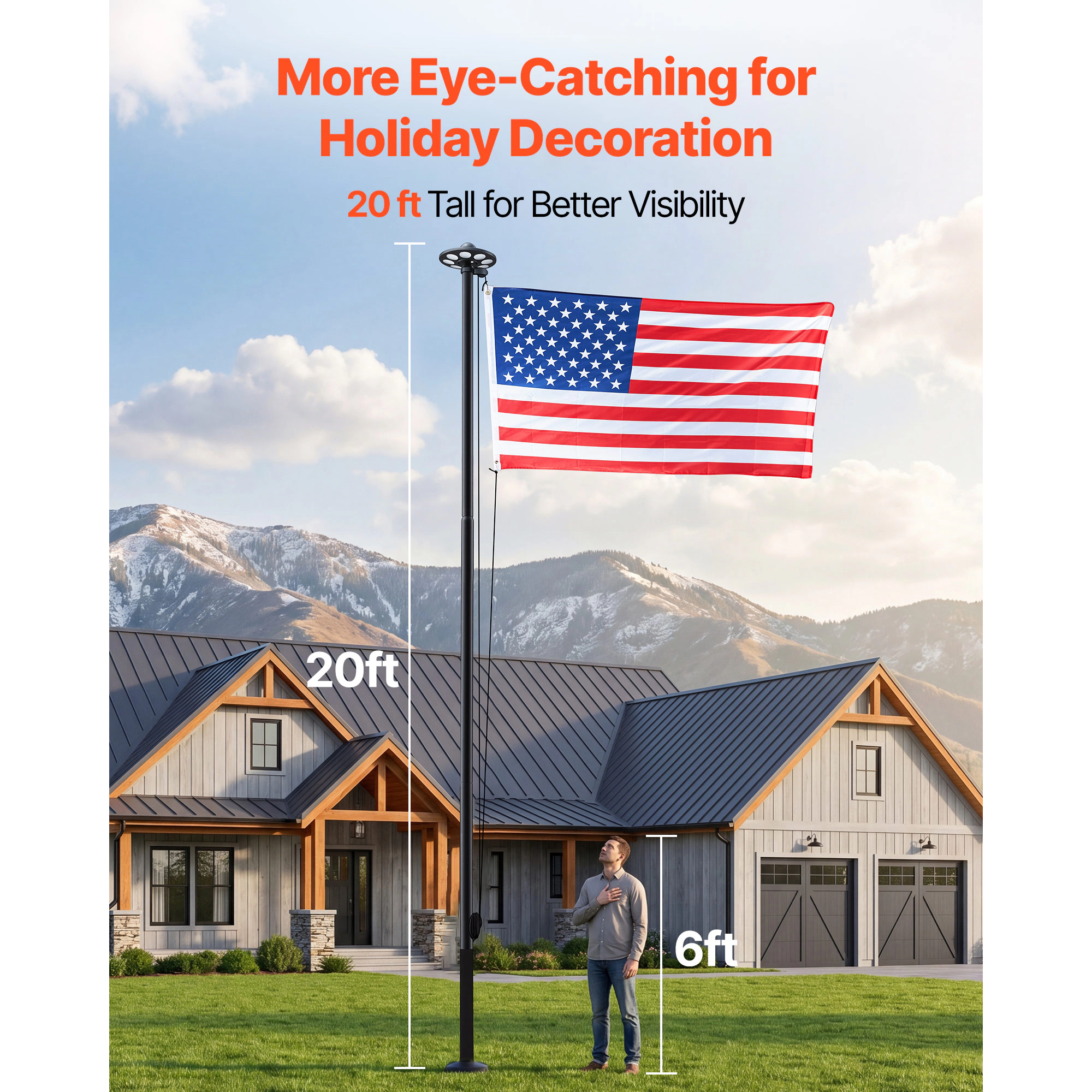 HONGGE 20 ft Sectional Flagpole Kit with Solar LED Light, Heavy Duty Aluminum In-Ground Pole, 3x5 Flag