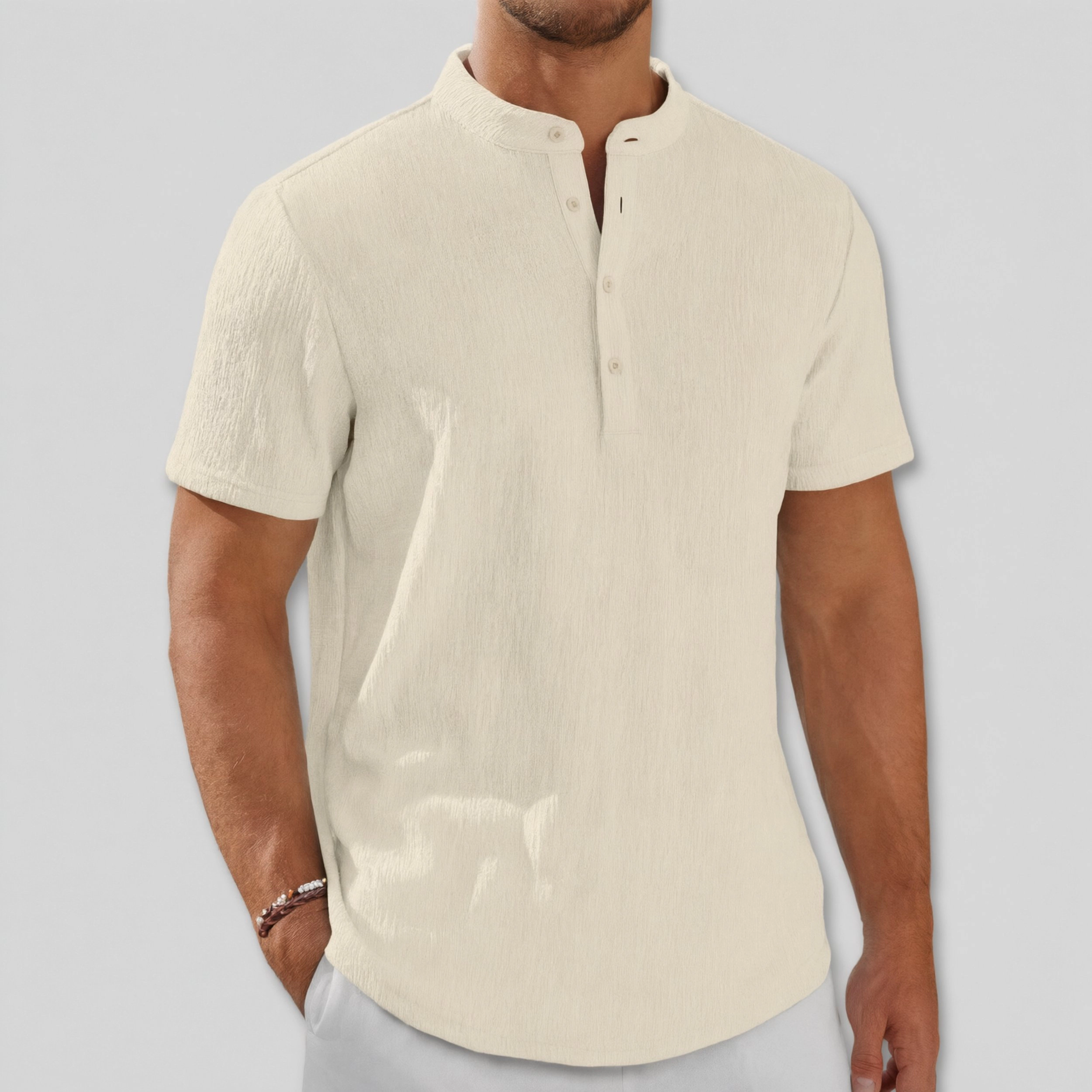 COOFANDY Mens  Casual Henley Shirt Short Sleeve Band Collar Button Crinkle Tee