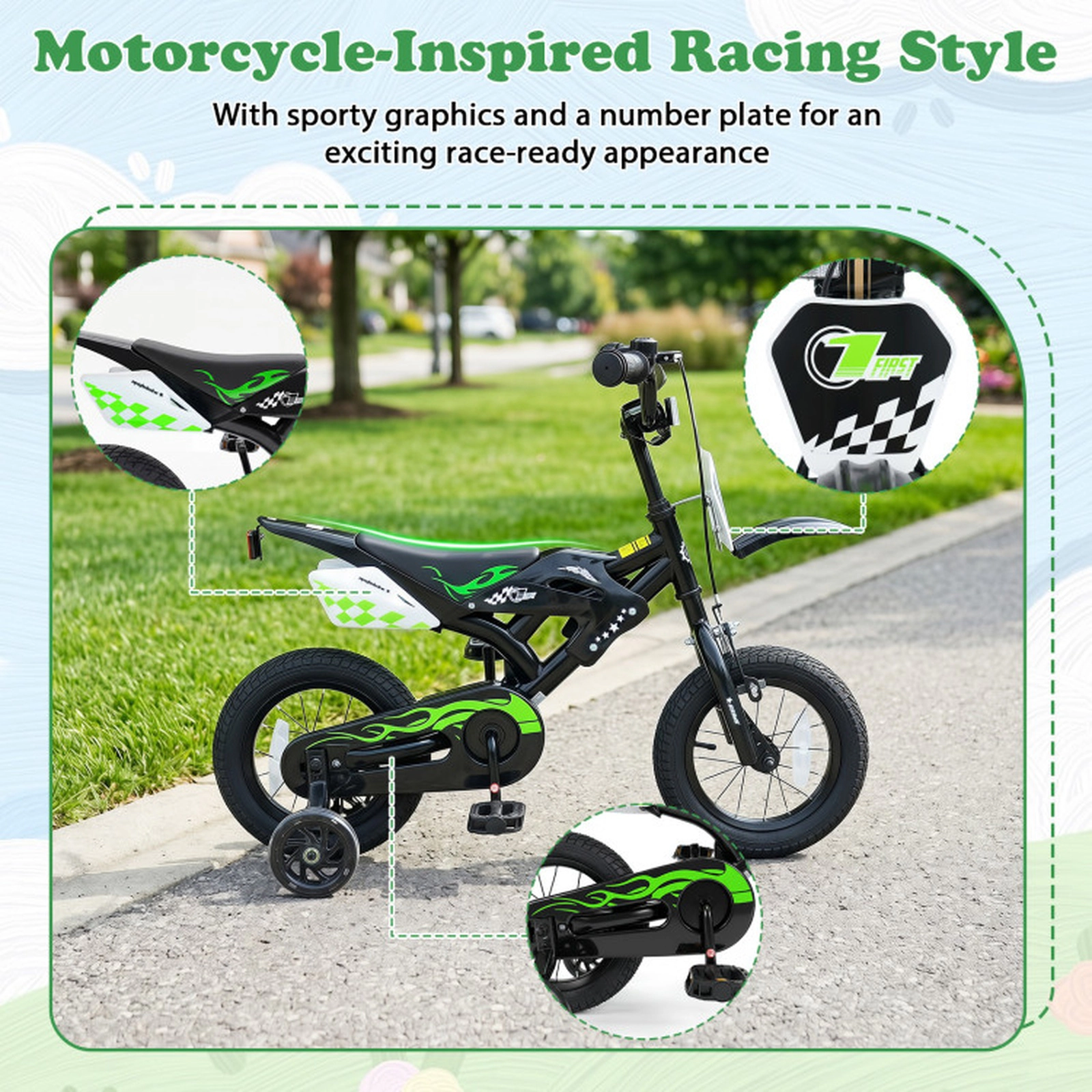 SUGIFT Motorcycle-Inspired 12-Inch Kids Bicycle with Training Wheels 143-lb Capacity Ages 3-4 Years 36-in Frame Black