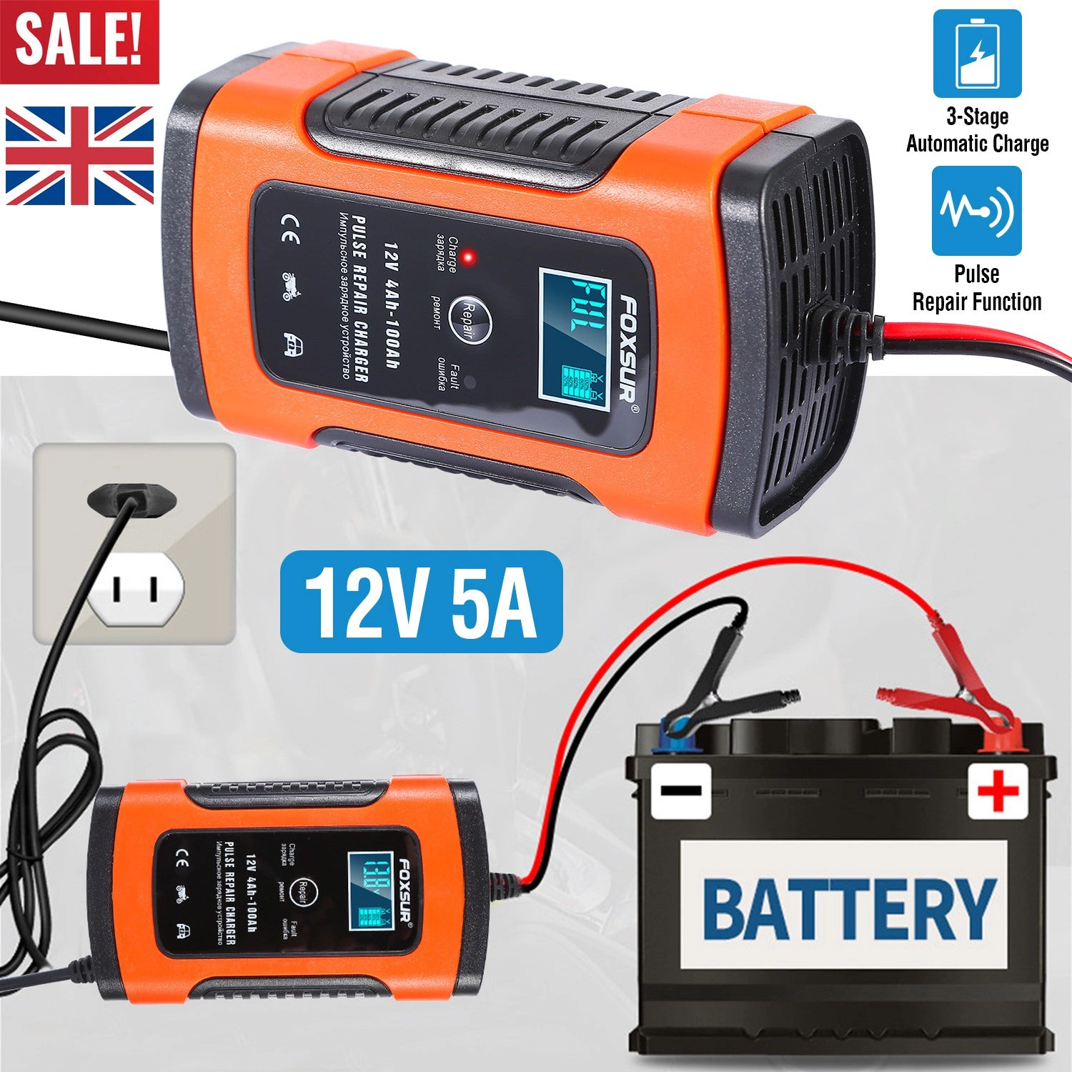 GBruno 12V 5A LCD Car Battery Charger