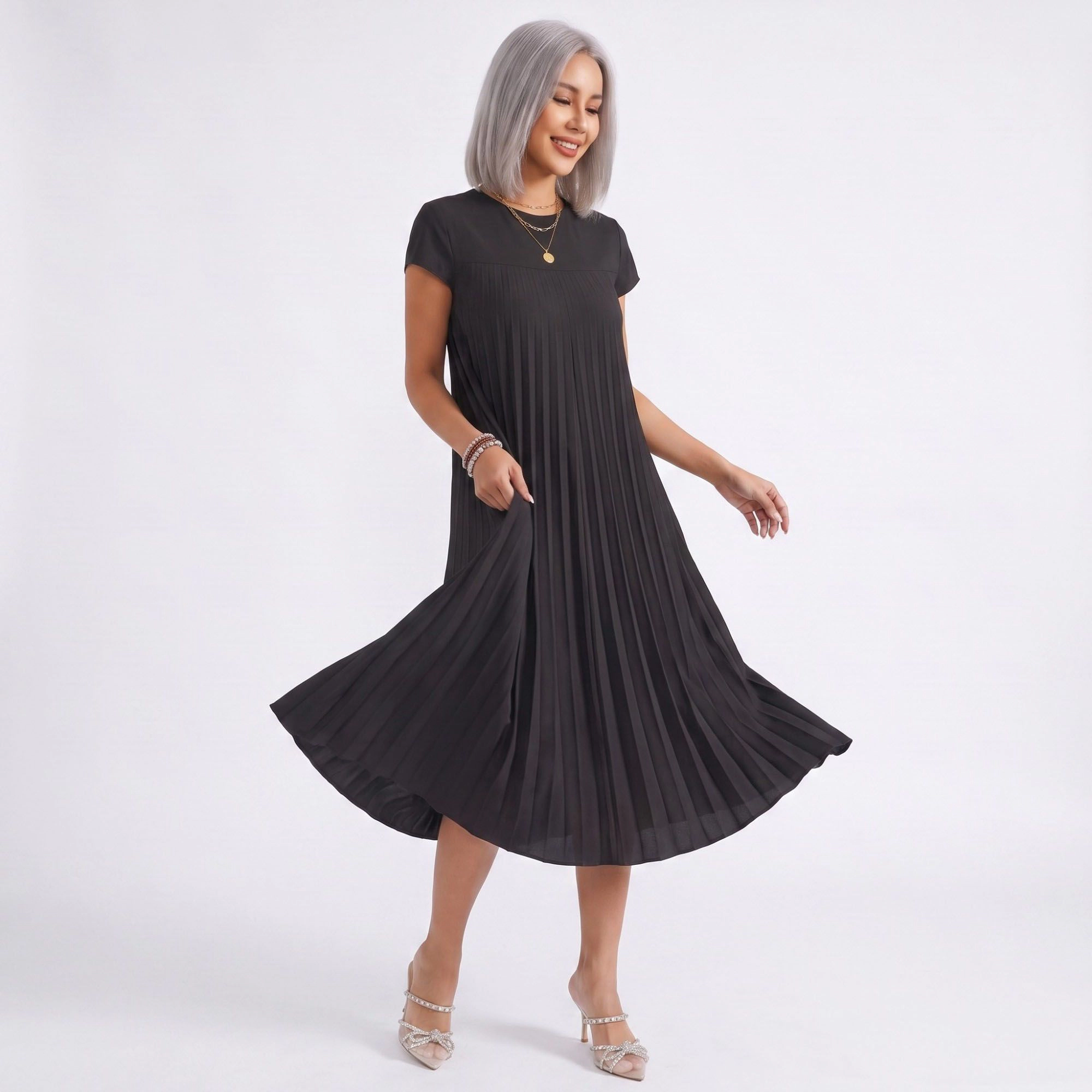 Anna-Kaci Women's Crew Neck Short Sleeve Accordion Pleated Midi Dress
