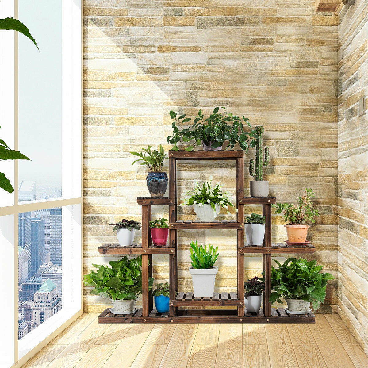 SUGIFT Brown 6-Tier 47-in Wood Plant Stand for 9 Pots Flower Display Rack and Ladder Storage Shelf
