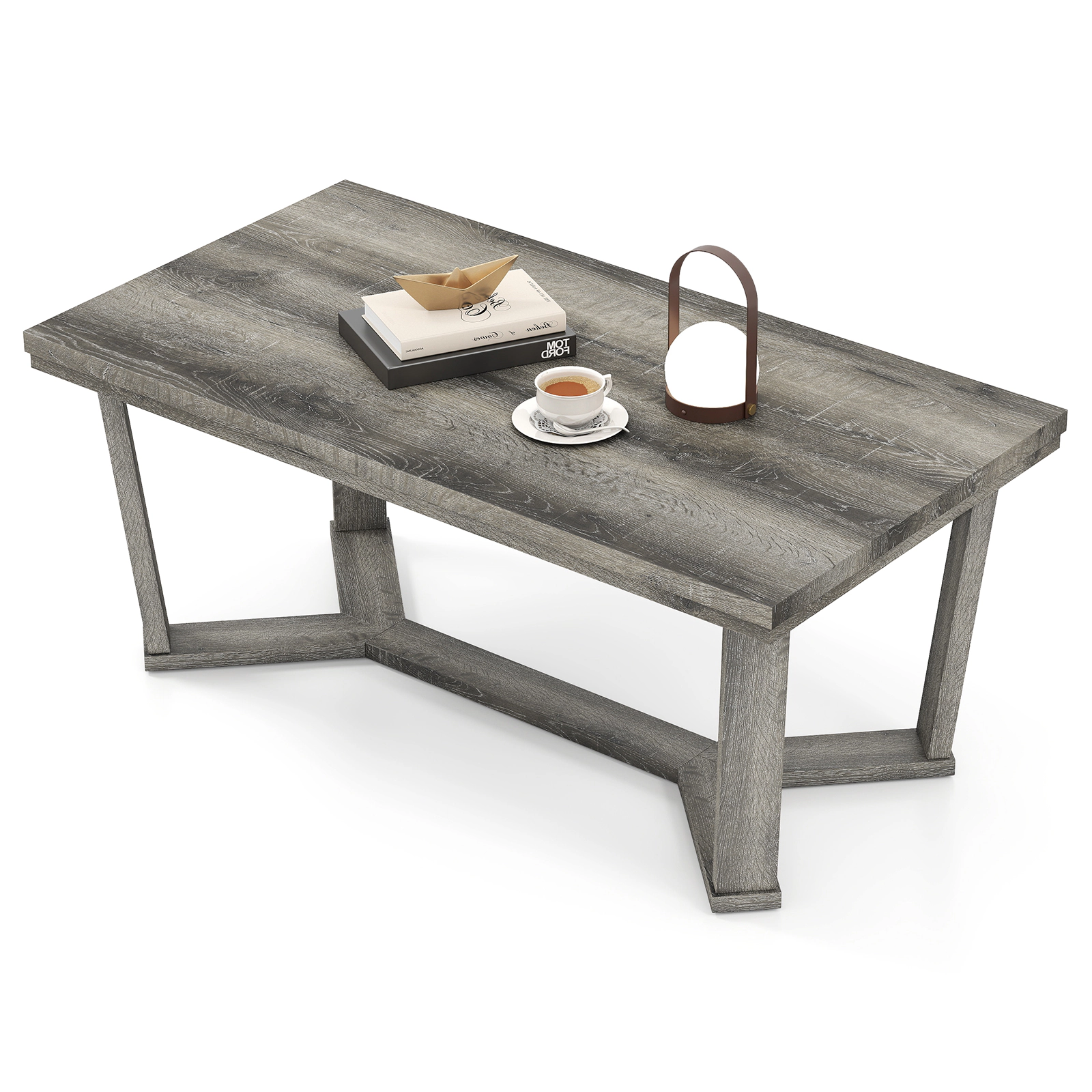 Glintex 44-Inch Rectangular Coffee Table with Cross-Shaped Rubber Wood Base, Gray