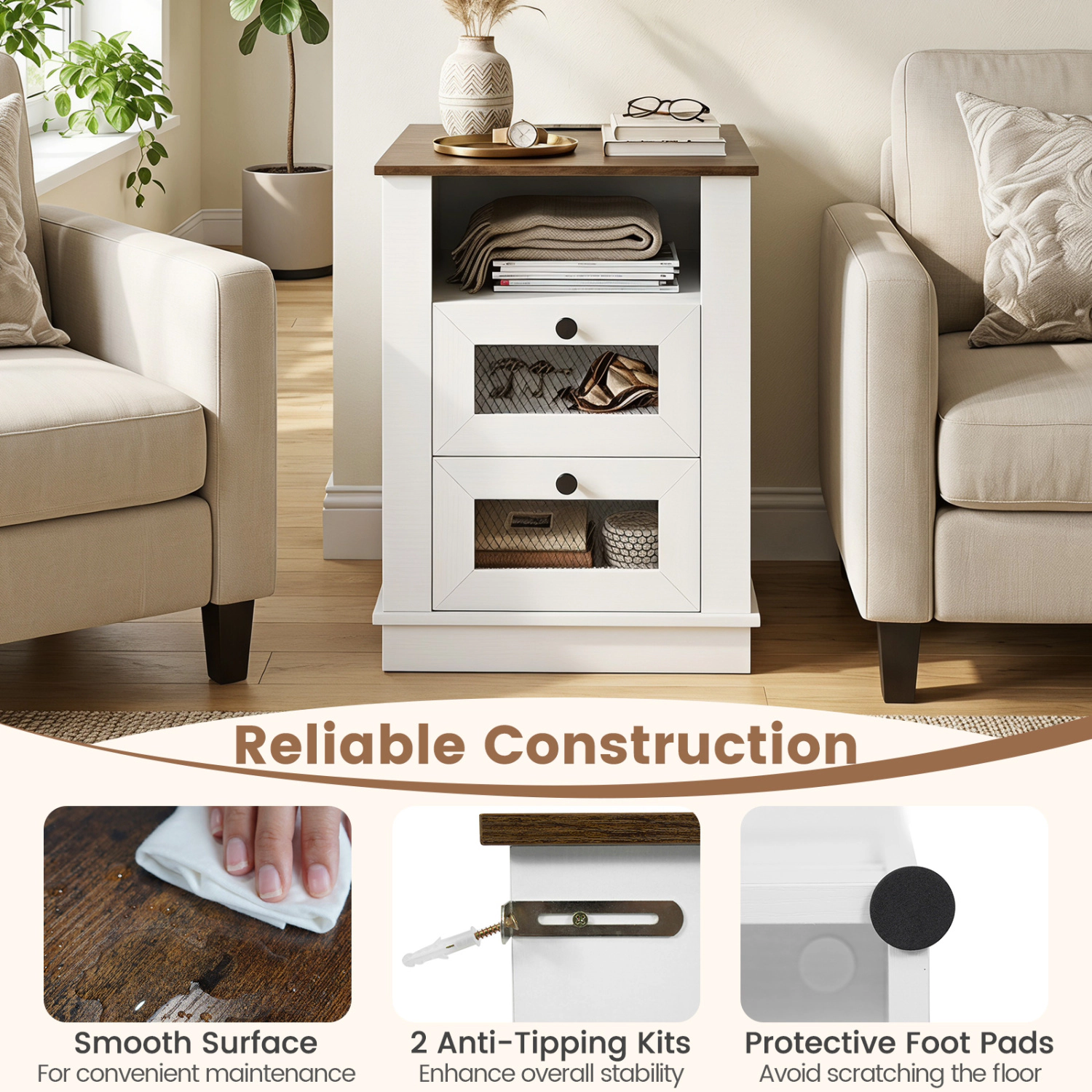 Hivvago Nightstand with Charging Station and 2 Drawers Storage Compartment for Bedroom