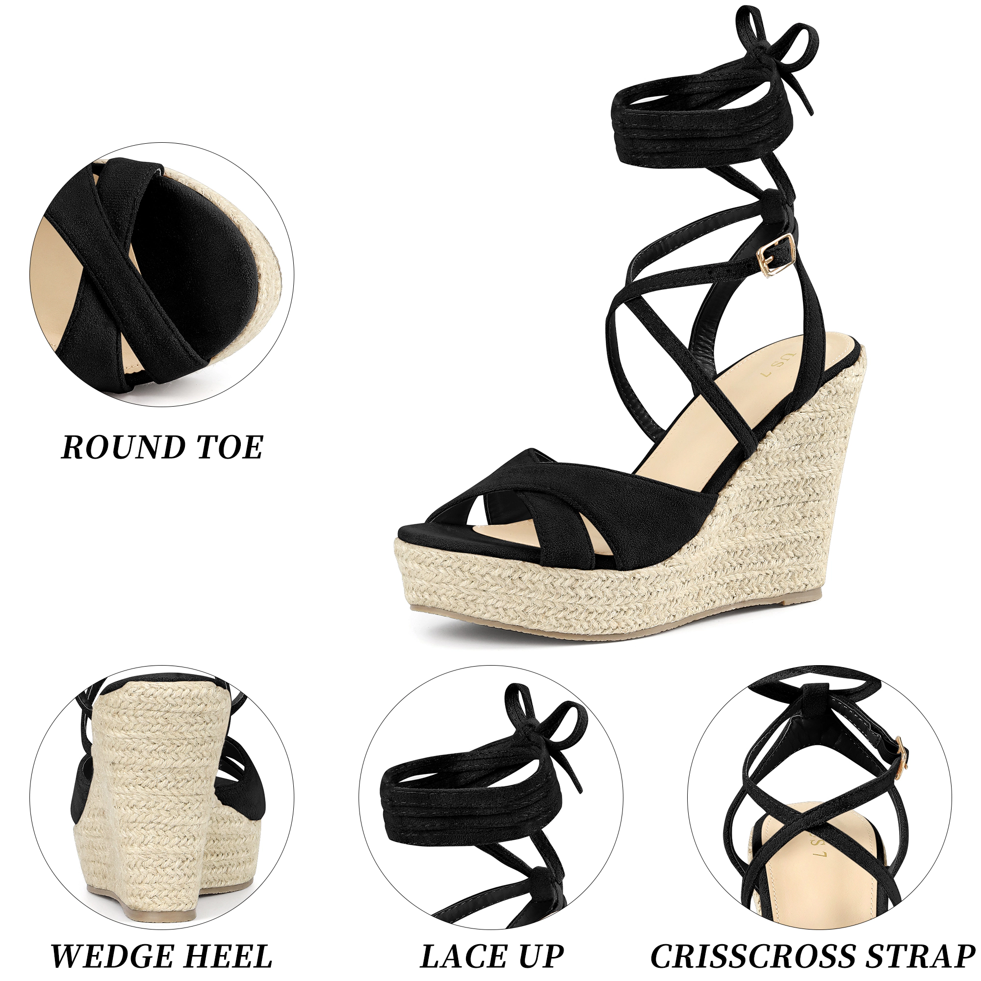 BLISSFUL STEP Women's Cross Strap Lace Up Platform Wedges Espadrilles Sandals