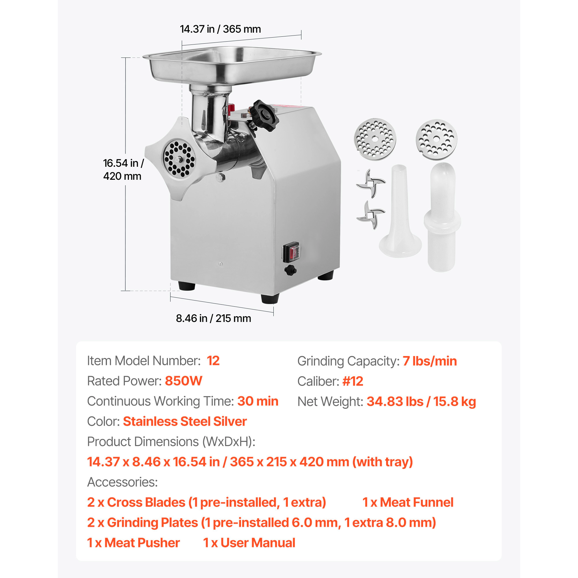 HONGGE Commercial Electric Meat Grinder /min Capacity Industrial Meat Mincer with 2 Stainless Steel Blades 2 Grinding
