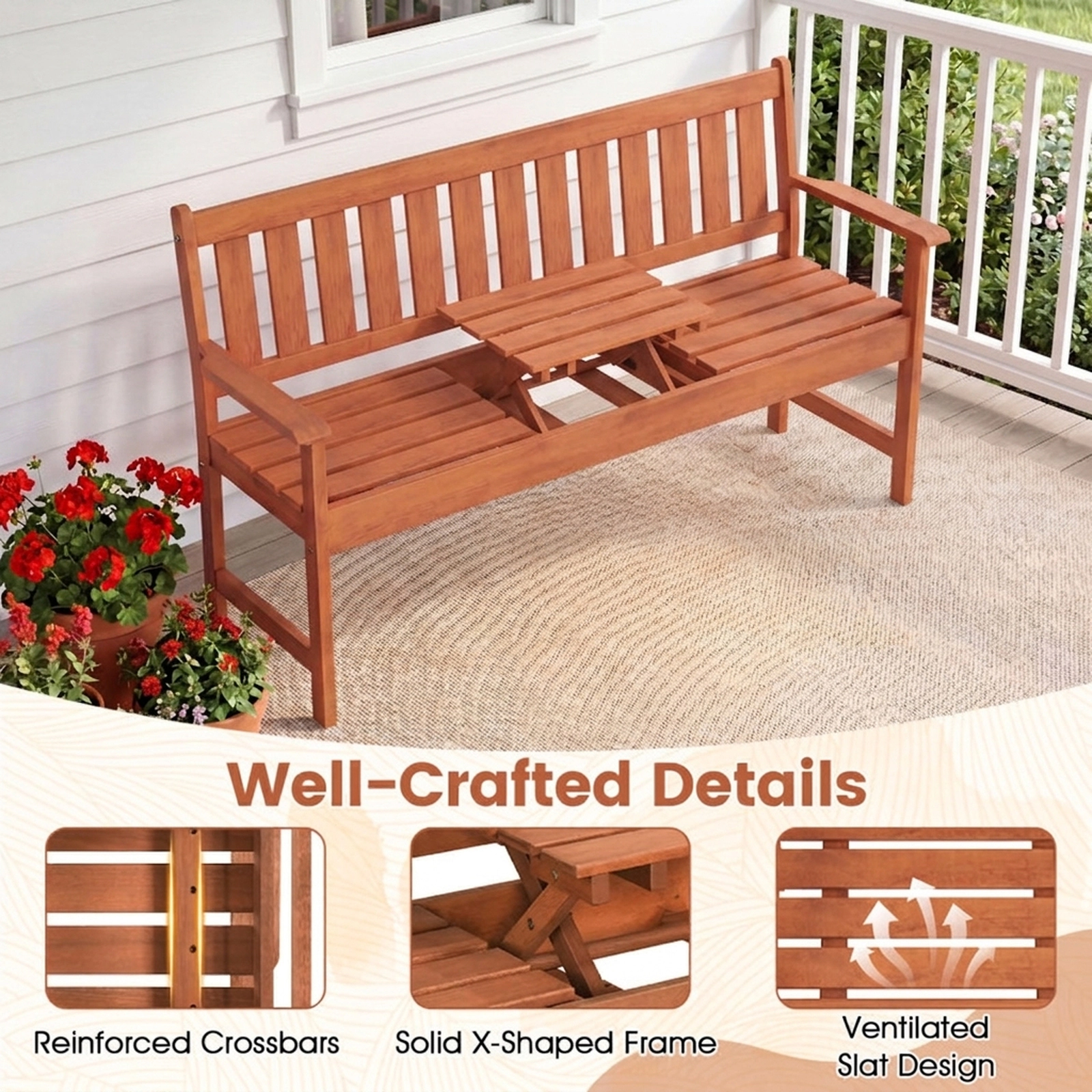 SUGIFT 59-in Outdoor Wood Garden Bench with Pull-Out Center Table 705-lb 2-Seater Capacity 36-lb Net Weight Natural