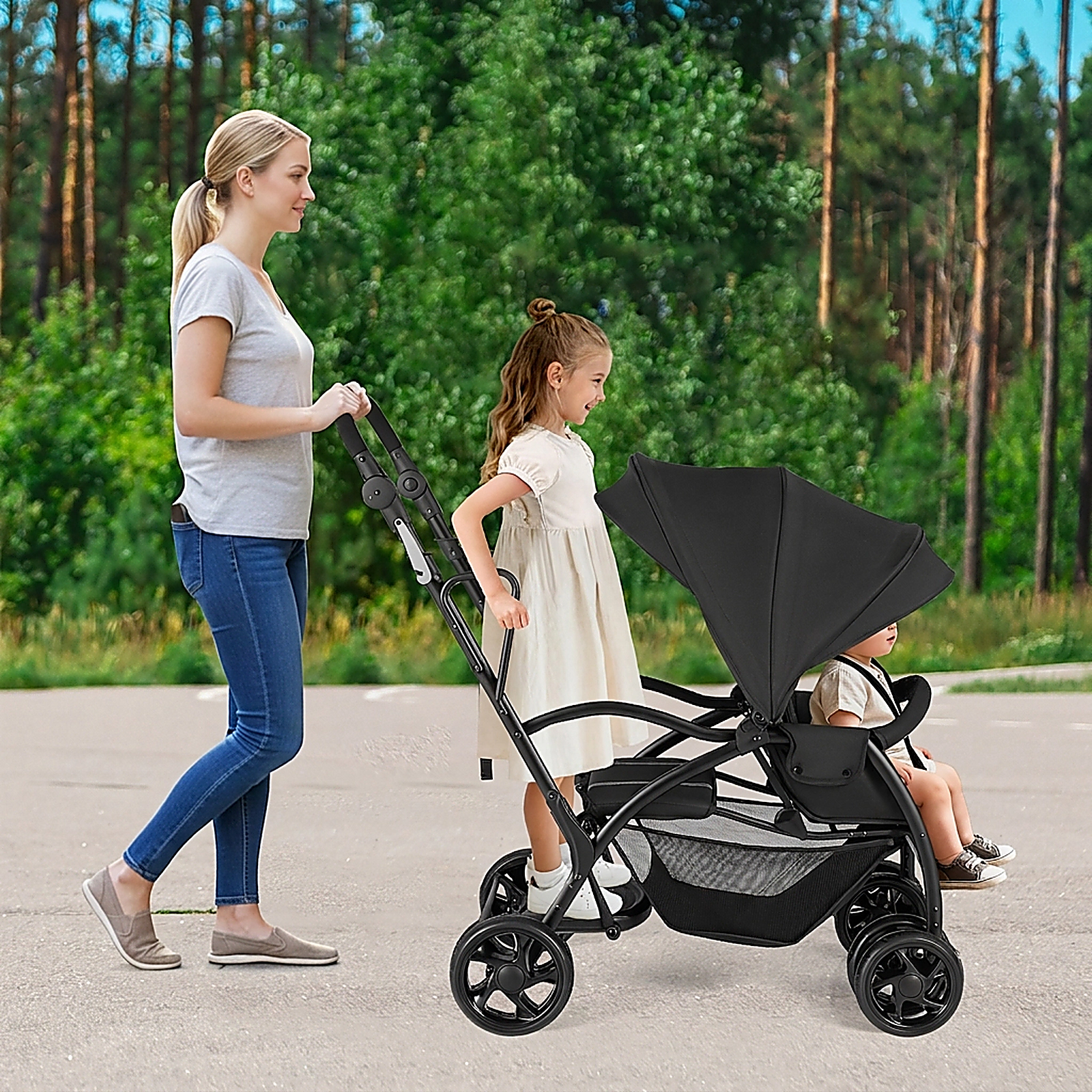 SUGIFT Black 33-lb Seat and 50-lb Platform Foldable Sit and Stand Twin Tandem Double Baby Stroller