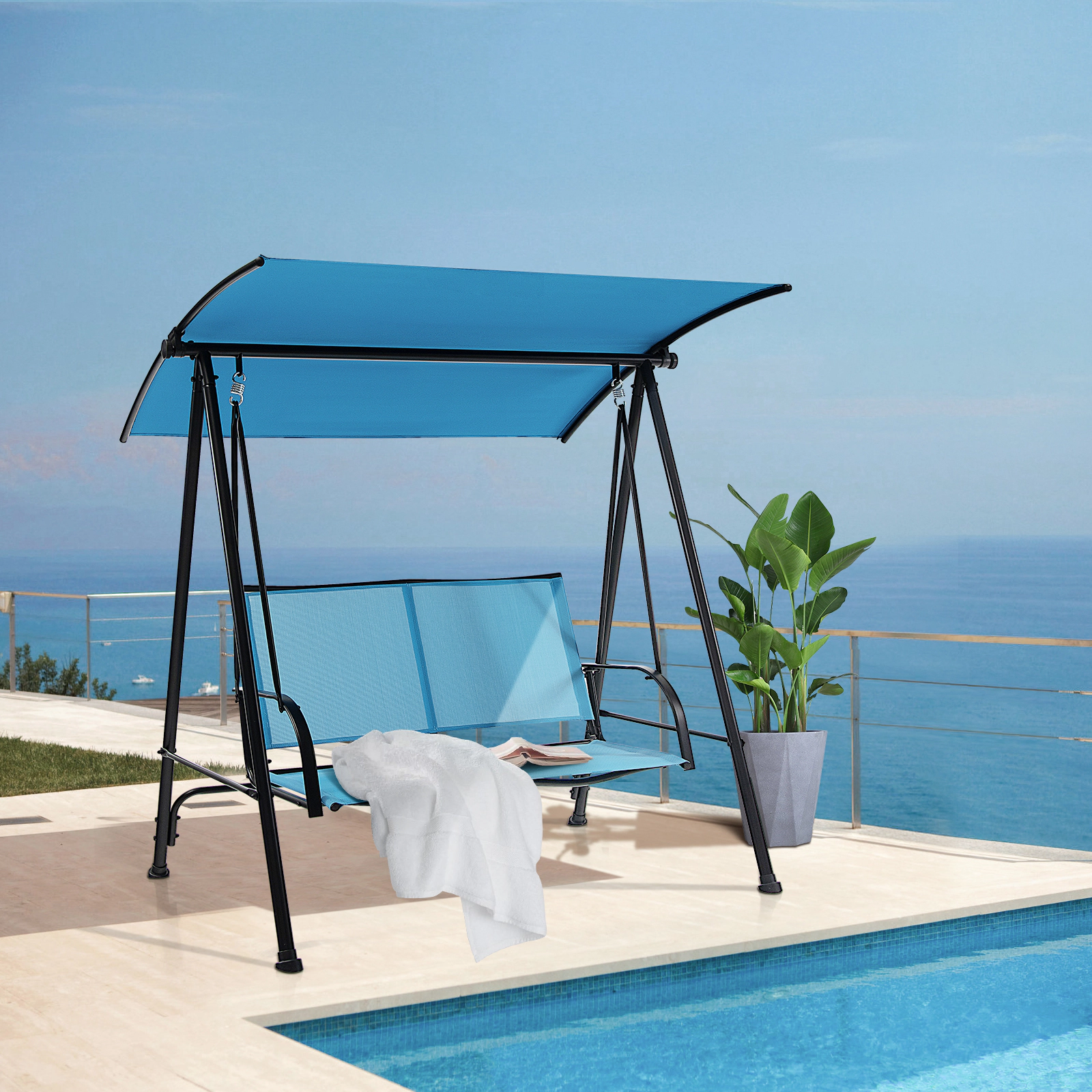 SUGIFT 2-Seat Navy Blue Outdoor Porch Swing with Canopy, 600-lb Capacity