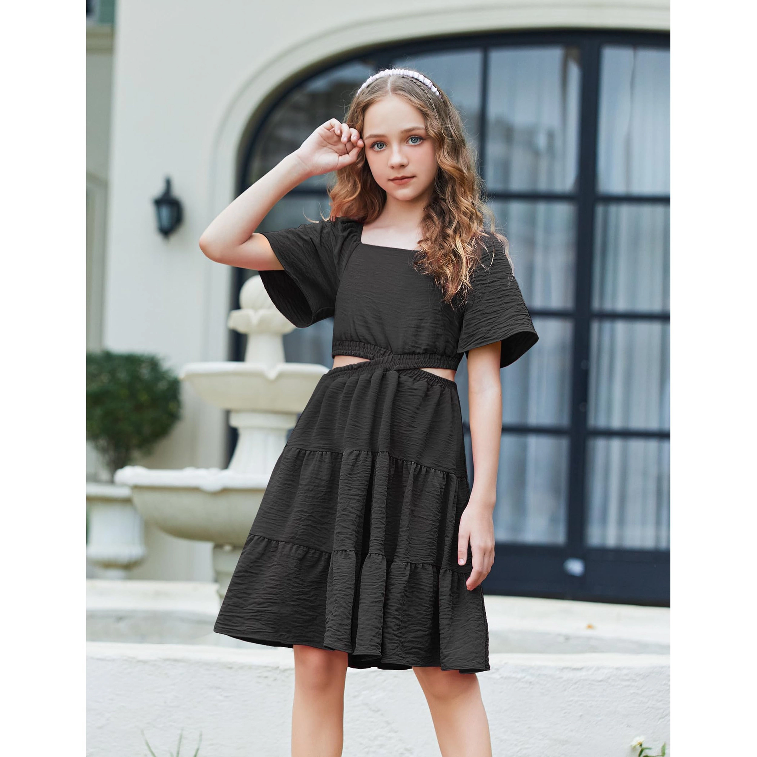 Arshiner Girls Dresses Square Neck Cut Out Shirred Ruffle Hem Easter Cute Spring Dress
